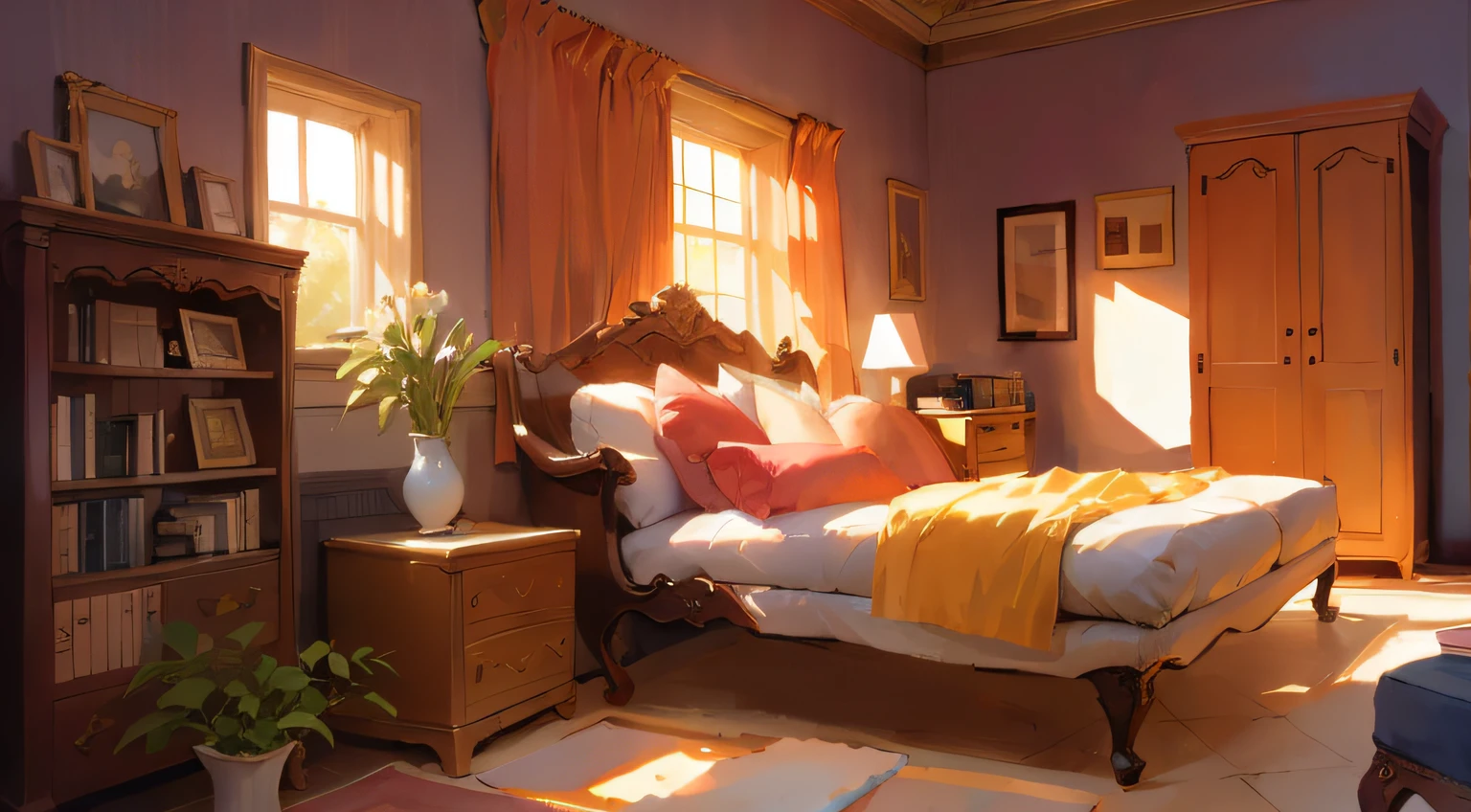 There is a bed in the room,It is covered with a white and orange blanket, a sunny bedroom, Realistic afternoon lighting, Relaxing concept art, sunlight study, by senior environment artist, lighting study, afternoon lighting, warm lighting with cool shadows, light study, dramatic warm morning light, golden hour sunlight, Soft morning lighting, afternoon sunlight, morning lighting, inspired by Carl Spitzweg