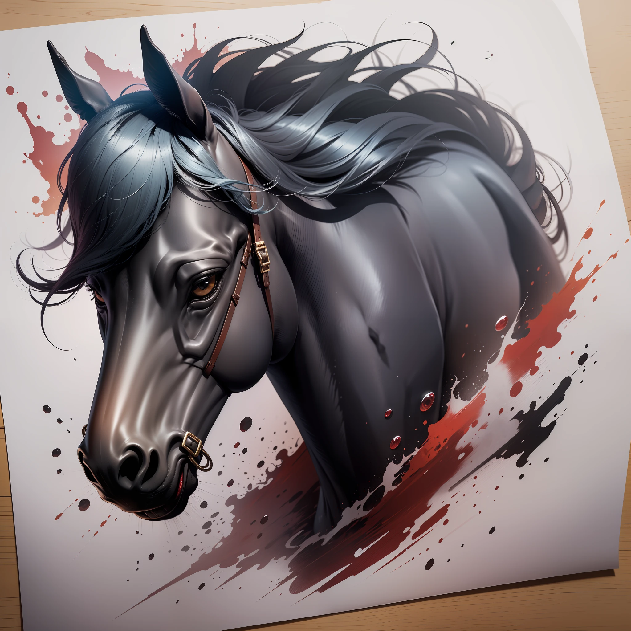 fundo vermelho，There is an inky horse's head，The horse head was furious，Ink wind horse head，Ink wind horse head，black ink，Frontal photo，frontage