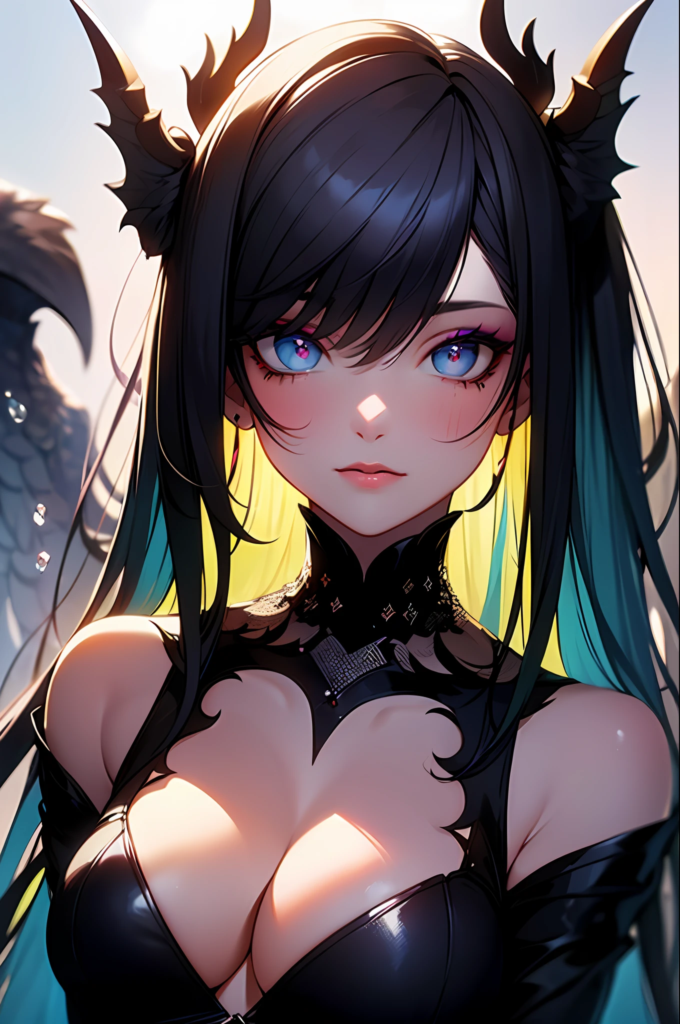 (Masterpiece:1.2), best quality, (illustration:1.2), (ultra-detailed),Eye focus,(Masterfully crafted Glow, pink lens flare), (Cinematic background), hyper details, (delicate detailed), (intricate details),in the air, octane render, hdr, (hyperdetailed:1.15), (soft light:1.2), 1girl, beautiful girl, ultra detailed eyes, mature, plump, thick, rainbow painting drops, paint teardrops, woman made up from paint, entirely paint, splat, splash, outdoors, (bioluminescent hair:1.1),(glowing eyes), ((makeup)),(Cinematic masterpiece), fierce, powerful, splashes of colour absolutely eye-catching, (Cinematic headlight), light coming from above, growing shadows, ((caustic)), dynamic angle, beautiful detailed glow, ambient occlusion, ambient light, raytraced reflections,(best illumination, an extremely delicate and beautiful), ((cinematic light)), (soft:2), (Nephilim:1.2), (halo), demon horns,(1 angel wing),1 demon wing, wings on back, half demon, demon ears, black wings, raven wings, (falling raven feathers), black hair, grey eyes, (red hair glow), (radiant aura),