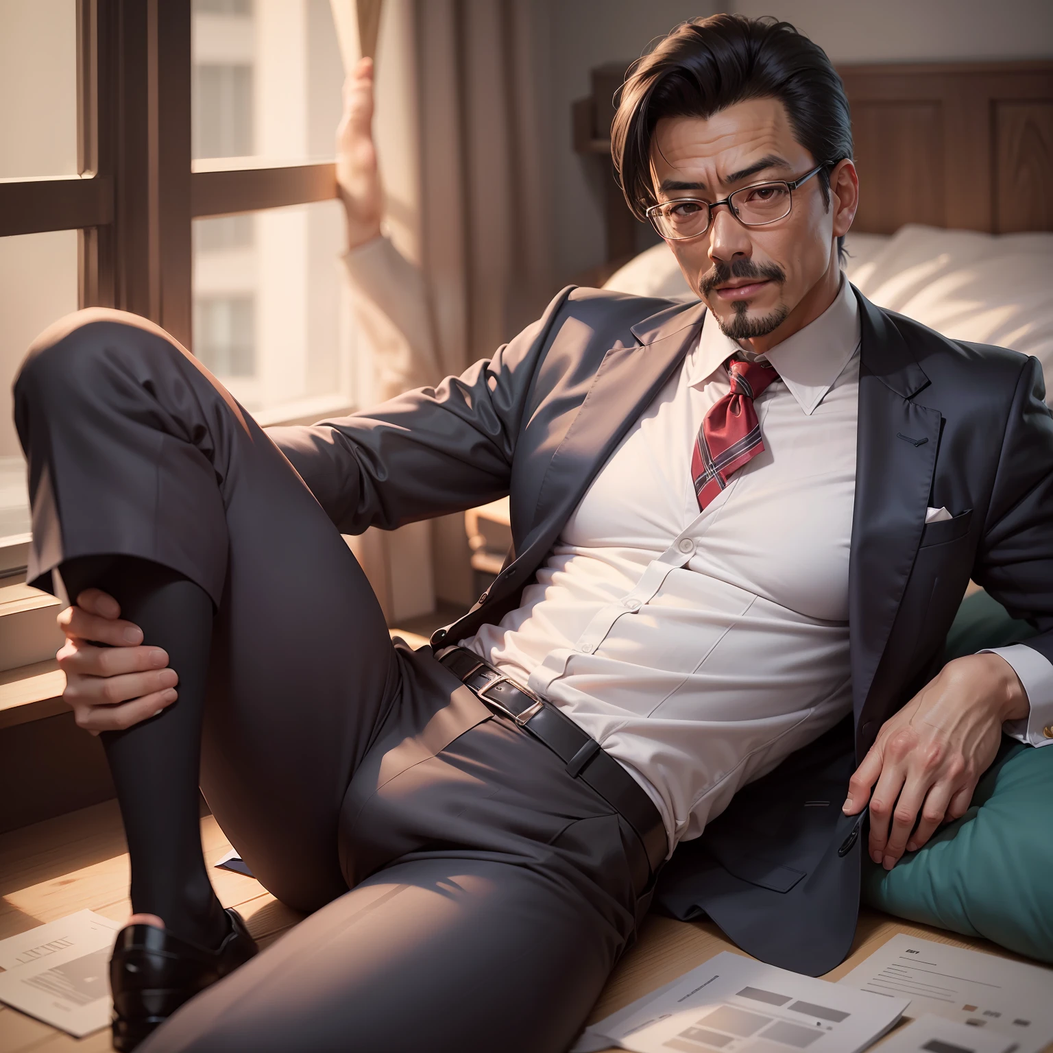 45 yers old，Kogoro Mouri，Business suit，balding，Tong，Bulge，onbed，black long socks，the feet，lbeard，fortitude，artwork of a，tmasterpiece，k hd，an look of enjoyment，Be red in the face