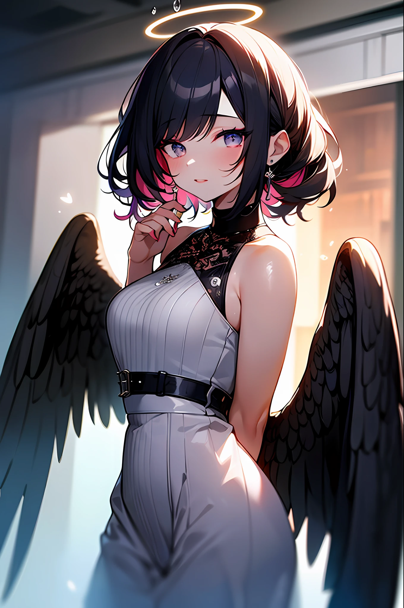 (Masterpiece:1.2), best quality, (illustration:1.2), (ultra-detailed),Eye focus,(Masterfully crafted Glow, pink lens flare), (Cinematic background), hyper details, (delicate detailed), (intricate details),in the air, octane render, hdr, (hyperdetailed:1.15), (soft light:1.2), 1girl, beautiful girl, ultra detailed eyes, mature, plump, thick, rainbow painting drops, paint teardrops, woman made up from paint, entirely paint, splat, splash, outdoors, (bioluminescent hair:1.1),(glowing eyes), ((makeup)),(Cinematic masterpiece), fierce, powerful, splashes of colour absolutely eye-catching, (Cinematic headlight), light coming from above, growing shadows, ((caustic)), dynamic angle, beautiful detailed glow, ambient occlusion, ambient light, raytraced reflections,(best illumination, an extremely delicate and beautiful), ((cinematic light)), (soft:2), (Nephilim:1.2), (halo), demon horns,(1 angel wing),1 demon wing, wings on back, half demon, demon ears, black wings, raven wings, (falling raven feathers), black hair, grey eyes, (red hair glow), (radiant aura),
