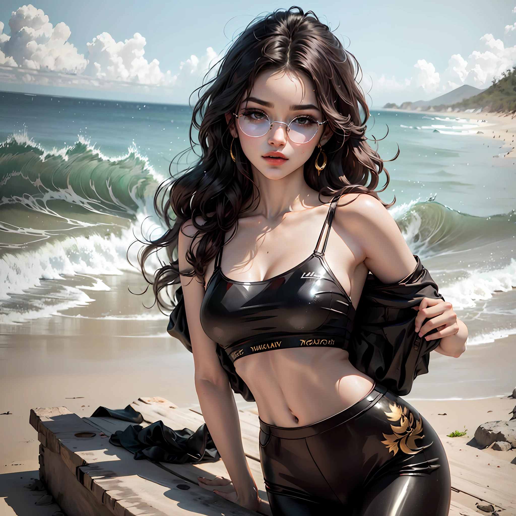 Melhor qualidade, obra-prima, ultra alta res, (fotorrealista: 1.4), foto crua, 1 mulher, ((brazilian woman)), ((small and few breasts)), ((coxas e quadris volumosos e extremamente arredondados)), ((cintura mediana)), folo de frente para o telespectador em paisagem de praia,  using black long hair with few waves, brown eyes, using golden eyeglasses, shorty sexy woman, using geen leggings and colant blouse black, --auto