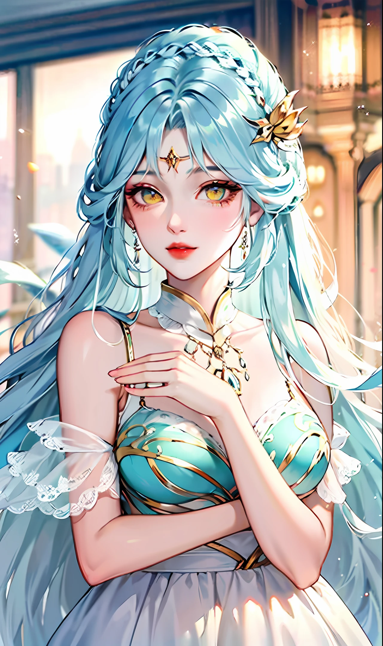 Long hair light blue hair yellow eyes