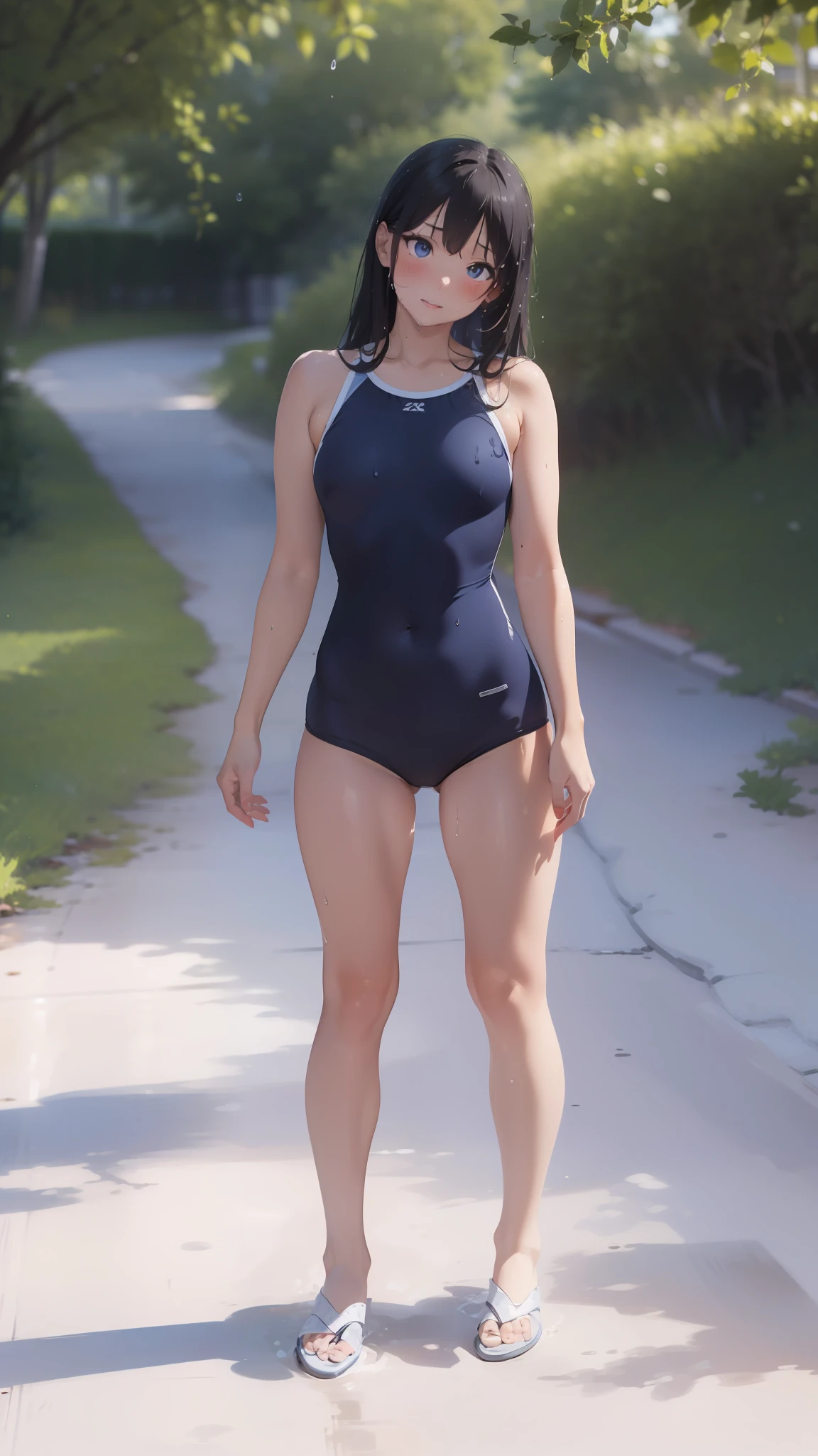 ((top-quality))、((masterpiece))、girl with、Formal-up、beautiful detailed eyes and face、pretty skin、Realistic、a very cute、22year old、School swim wear(Dark blue color、Simple design、Matte texture、Wrinkle、Wet、Polyester material、shadings、)Wet body、Anime Face、Beautie、Facing the front、big eye(Beautiful fece、Anime Face、Clear eyes、Fine details、beautidful eyes)Well-formed face(Beautiful nasal muscles、Perplexed、sharp mouth)full of sweat、sodden、Wet feeling、Background with(sunny sky、takeout)、8K picture quality、perfectly proportions、A slender、red blush、female focus on, hair adornments,length hair, Look at viewers,