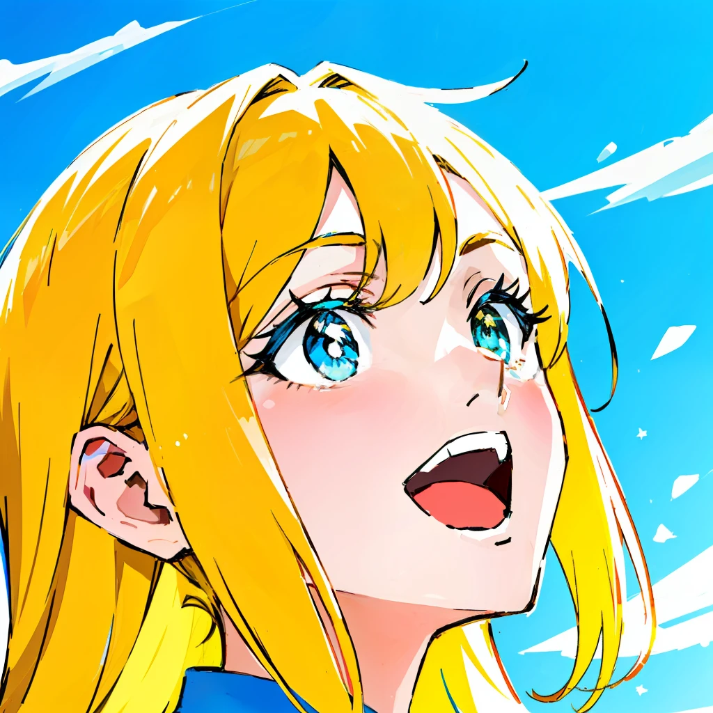 golden hair,Turquoise blue pupils,one-girl,Day man's face,Singing,adolable,big laughter