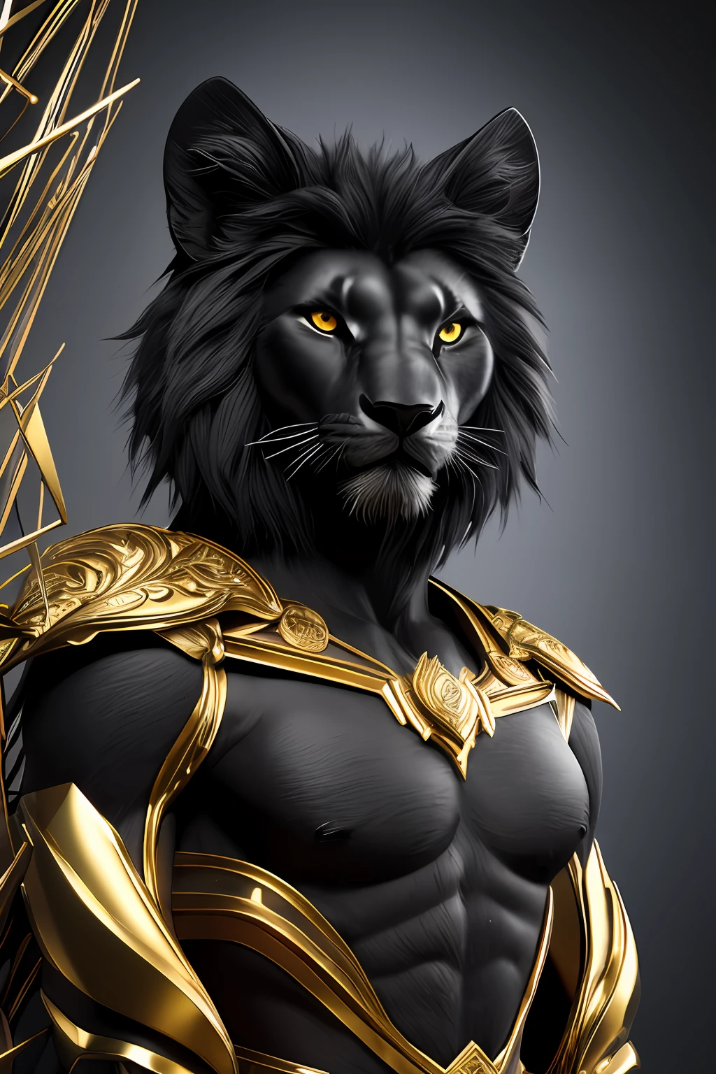 (tmasterpiece) Insanely detailed photo of a black lion with golden eyes, in the style of bio-art, Crude metallicity, Black & White Craftsmanship, Golden African influence, clean color, a closeup of a, The woman, Stock Photo, tmasterpiece, beste-Qualit, hiquality, чрезвычайно детализированные обои CG unity 8k, Landscapes, award-winning photo, HDR, trend on artstation, Trend of CGsociety, intrikate, higly detailed, 电影灯光.