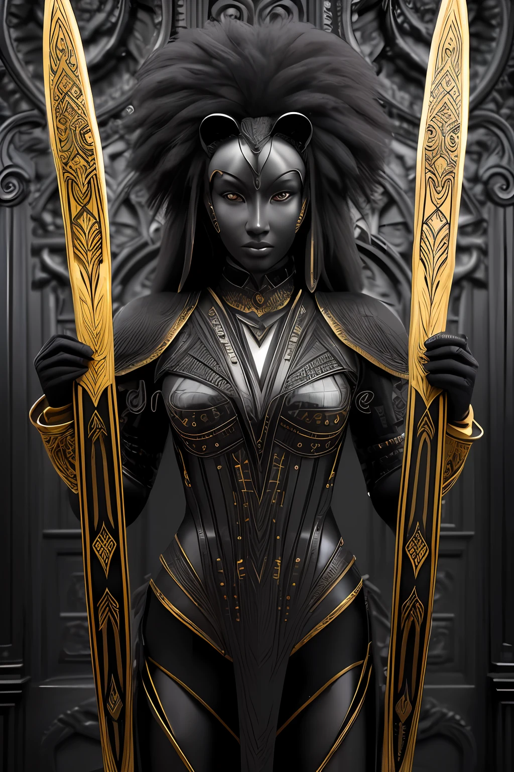 (tmasterpiece) Insanely detailed photo of a black lion with golden eyes, in the style of bio-art, Crude metallicity, black & White craftsmanship, Golden African influence, clean color, a closeup of a, The woman, Stock Photo, tmasterpiece, beste-Qualit, hiquality, чрезвычайно детализированные обои CG unity 8k, Landscapes, award-winning photo, Swords in hand