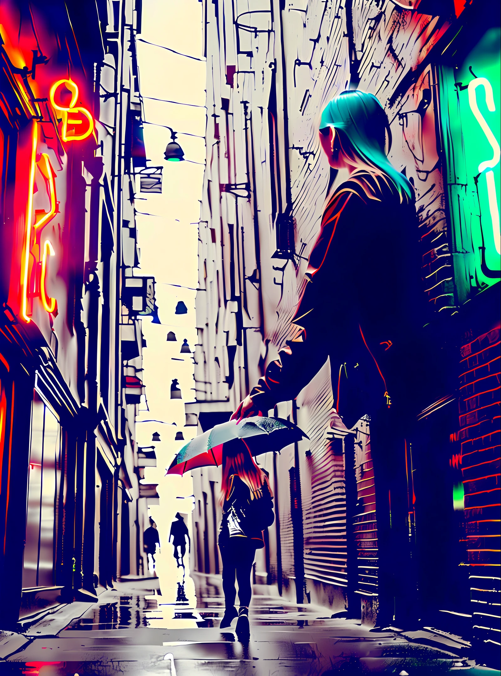 (best qualtiy,tmasterpiece:1.3), 1girll, , mist, alleys, umbrellas, , looking at viewert, blue hair, facing the photo, Cyberpunk-city, Alone in the alley, Neon lights in the alley, Very reflective city, long whitr hair, Hair-sized strands cross the alley, Riman, , Garter belt on one leg, Knee pads on the other leg, perfect hand,delicated,the night,Bare chest,lovemaking