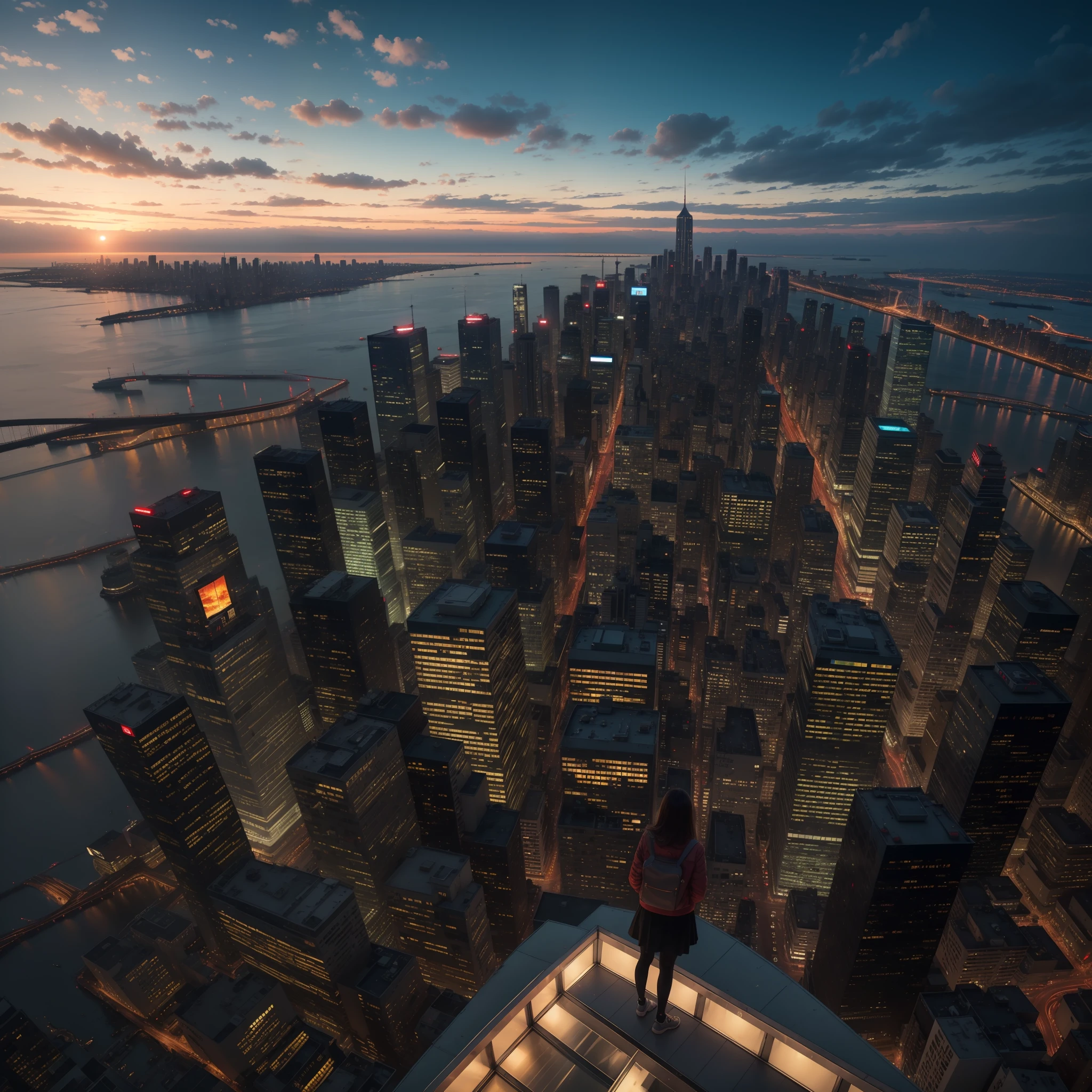 8K masterpiece,wide wide shot,Top of city tall buildings,16 year old girl standing --auto