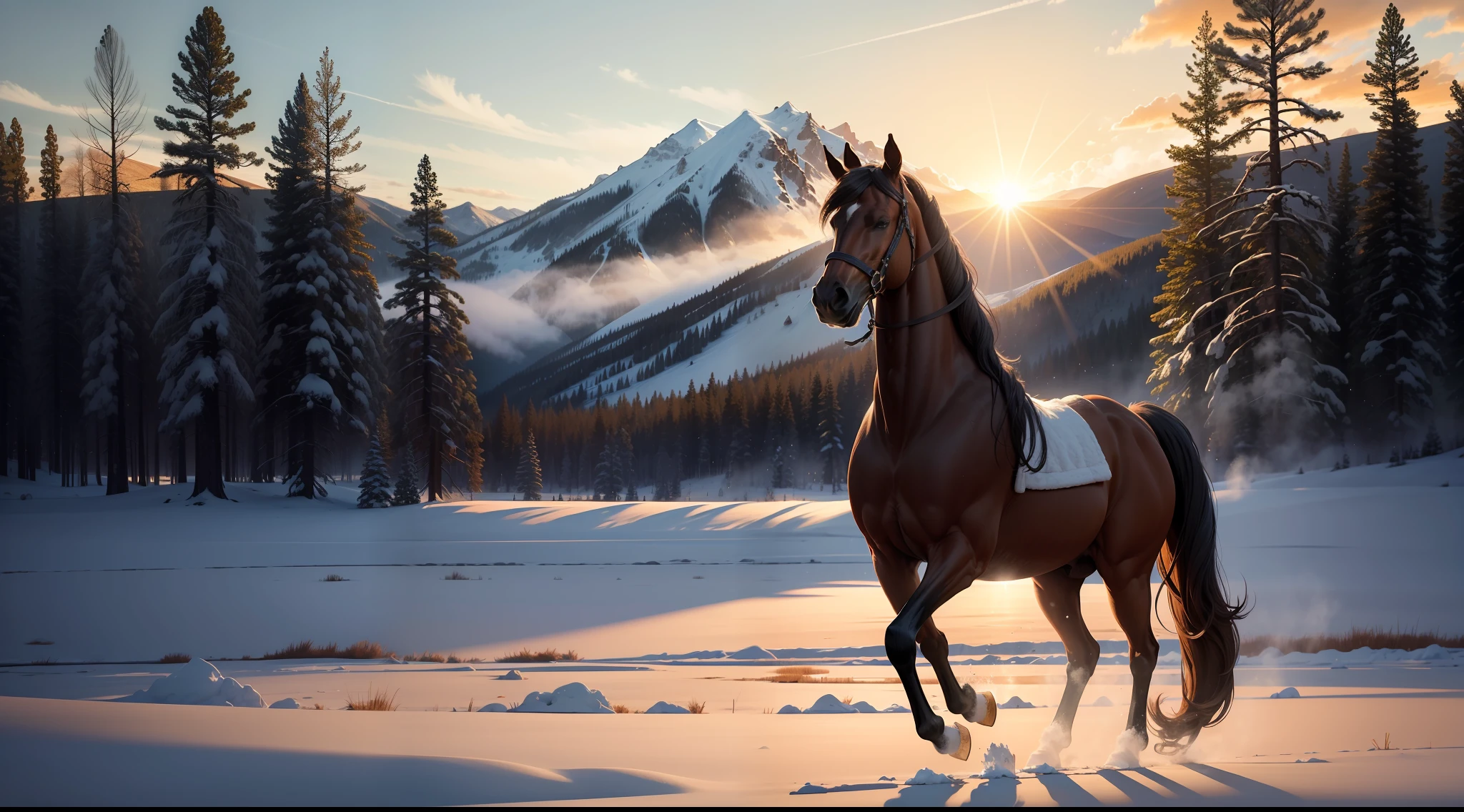 masterpiece, ((no people)), a strong and powerful horse standing from you, standing on two legs, front view, free horse, Yellowstone, Sun light, rays of sunlight, grass, snow