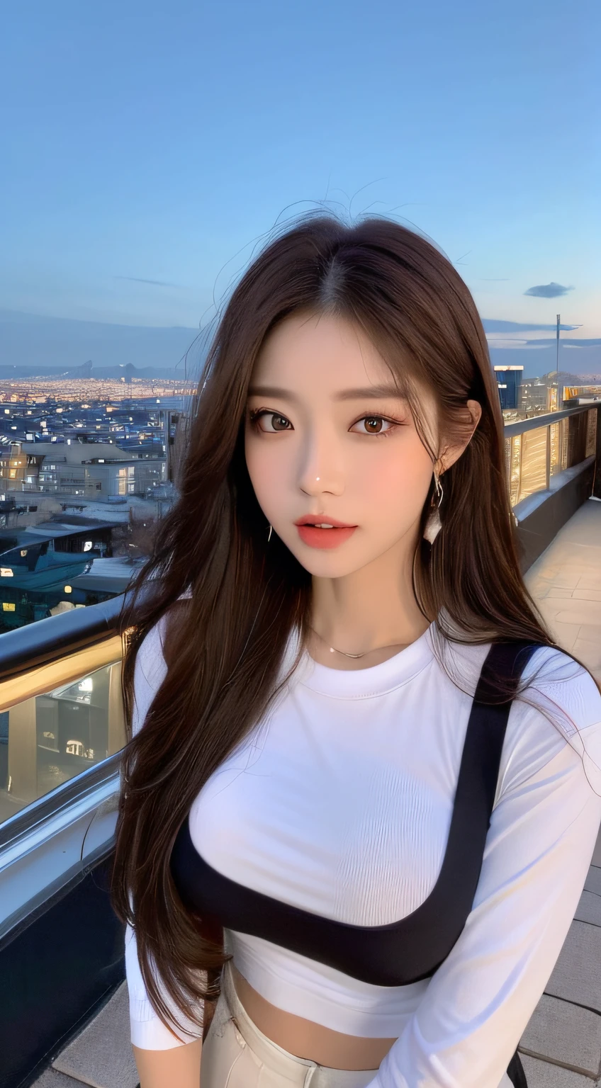 ((Midnight, Best quality, 8k, Masterpiece :1.3)), Whole body, Long legs, Sharp focus :1.2, A pretty woman with perfect figure :1.4, Slender abs :1.1, ((Dark brown hair, Big breasts :1.2)), (White tight tshirt, Jean bib, Standing:1.2), ((Night city view, Rooftop:1.3)), Highly detailed face and skin texture, Detailed eyes, Double eyelid