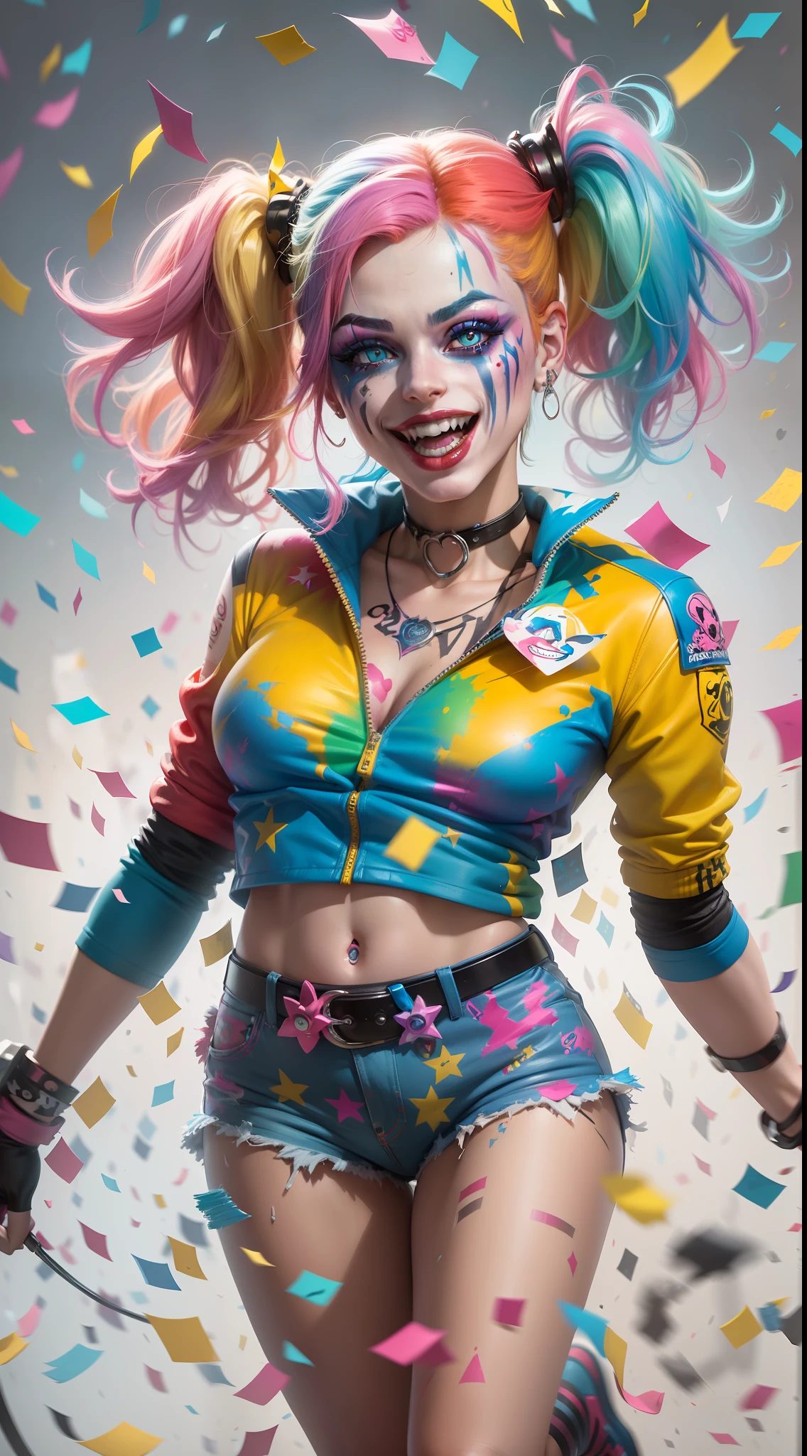 (Extremely detailed and vibrant CG portrait) of Harley Quinn, (showcasing her iconic makeup and mischievous grin), with (colorful hair, including blue, pink, and yellow), wearing her classic jester-inspired outfit. Capture her (playful and unpredictable nature), (surrounded by bold and chaotic elements, like confetti and graffiti), in a (dynamic and energetic pose).