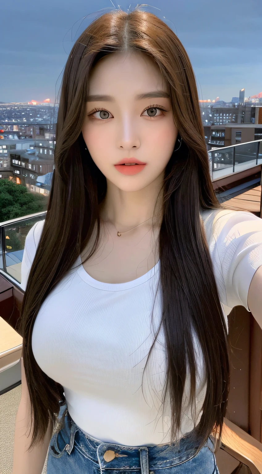 ((Midnight, Best quality, 8k, Masterpiece :1.3)), Whole body, Long legs, Sharp focus :1.2, A pretty woman with perfect figure :1.4, Slender abs :1.1, ((Dark brown hair, Big breasts :1.2)), (White tight tshirt, Jean bib, Standing:1.2), ((Night city view, Rooftop:1.3)), Highly detailed face and skin texture, Detailed eyes, Double eyelid