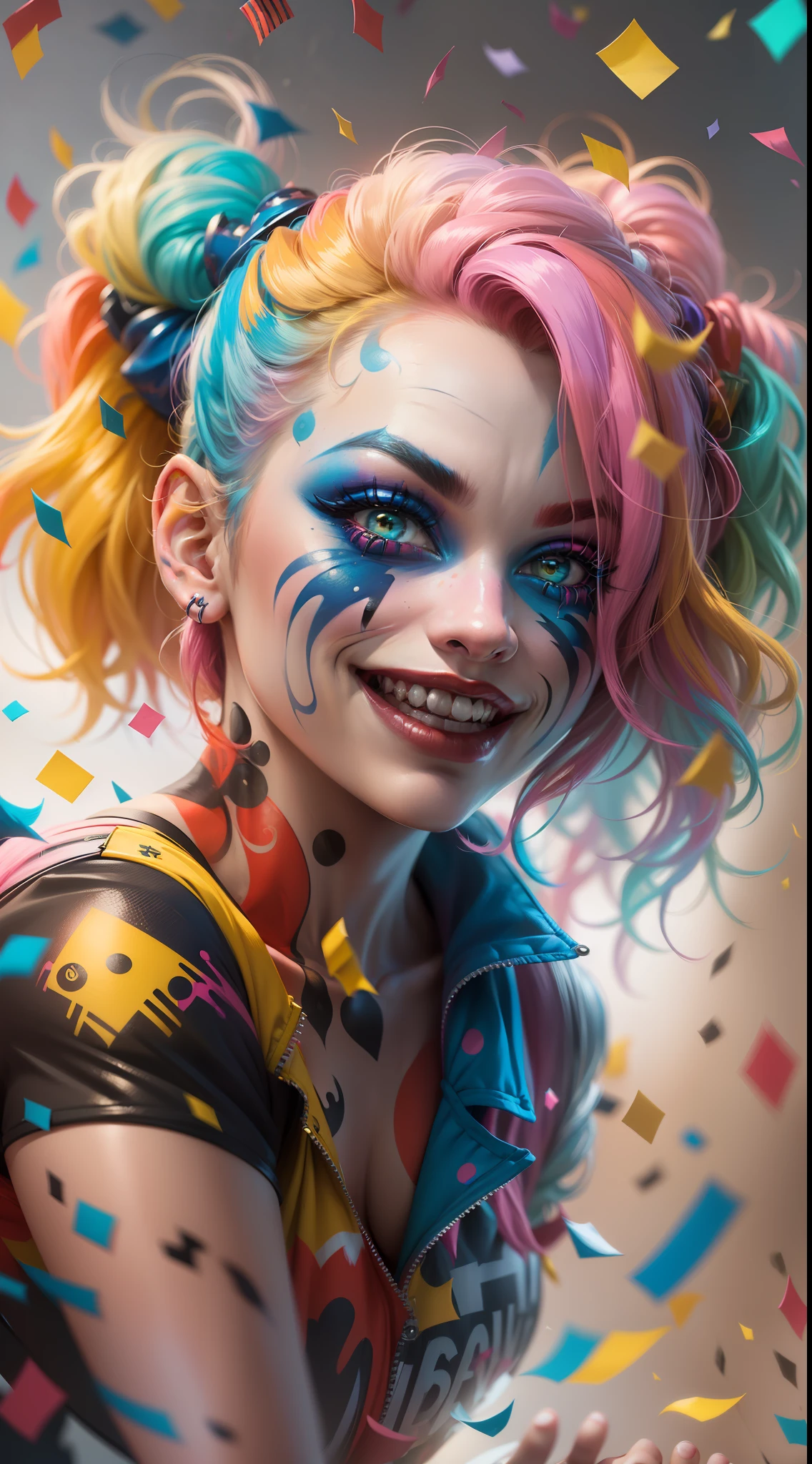 (Extremely detailed and vibrant CG portrait) of Harley Quinn, (showcasing her iconic makeup and mischievous grin), with (colorful hair, including blue, pink, and yellow), wearing her classic jester-inspired outfit. Capture her (playful and unpredictable nature), (surrounded by bold and chaotic elements, like confetti and graffiti), in a (dynamic and energetic pose).