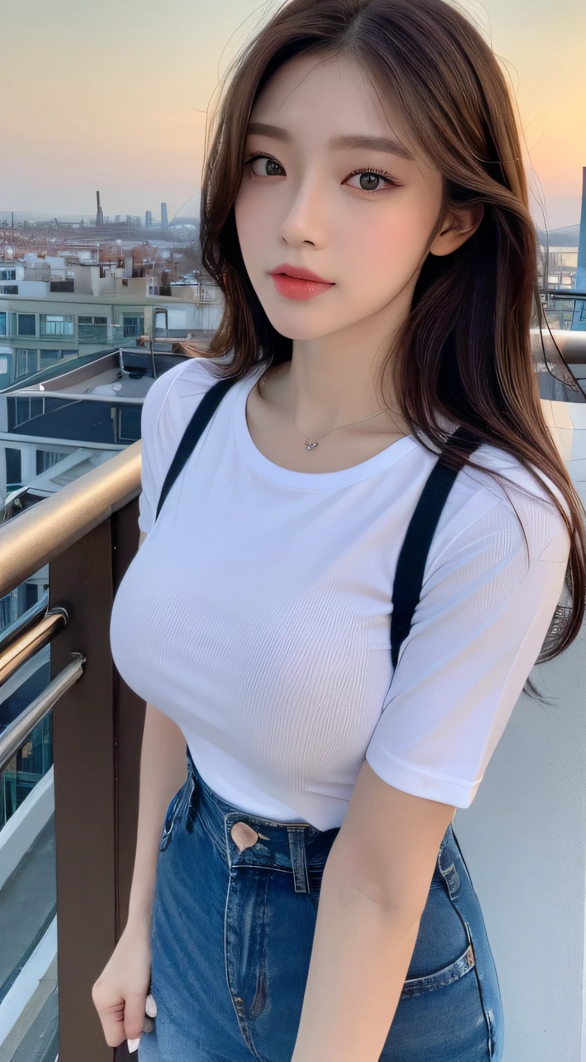 ((Midnight, Best quality, 8k, Masterpiece :1.3)), Whole body, Long legs, Sharp focus :1.2, A pretty woman with perfect figure :1.4, Slender abs :1.1, ((Dark brown hair, Big breasts :1.2)), (White tight tshirt, Jean bib, Standing:1.2), ((Night city view, Rooftop:1.3)), Highly detailed face and skin texture, Detailed eyes, Double eyelid