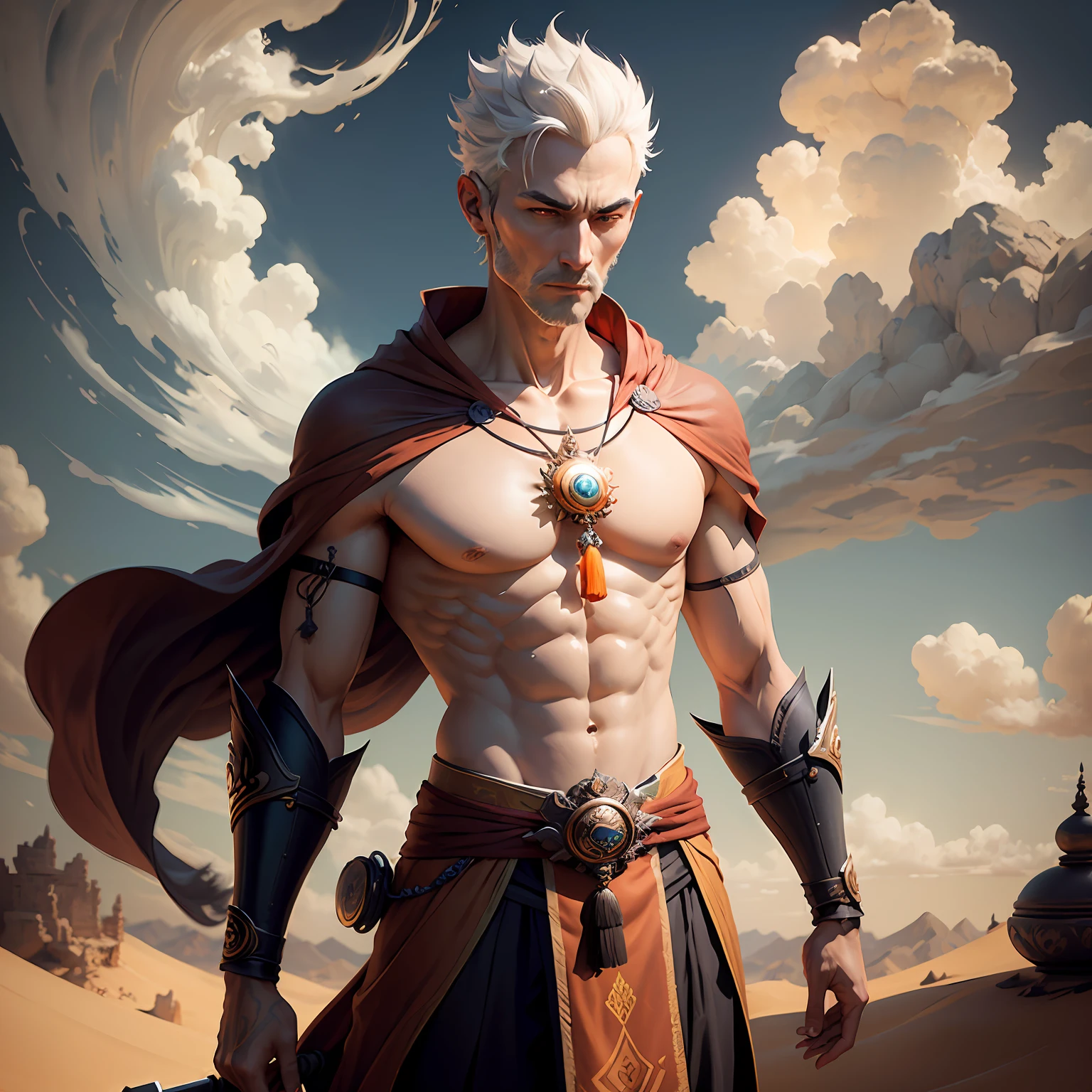 gentleman,silkouette,Ancient East,Bodhisattva monk,Zen staff, Clouds,A desert,Photo art style,Clear details,C4D,blender,hd render --auto