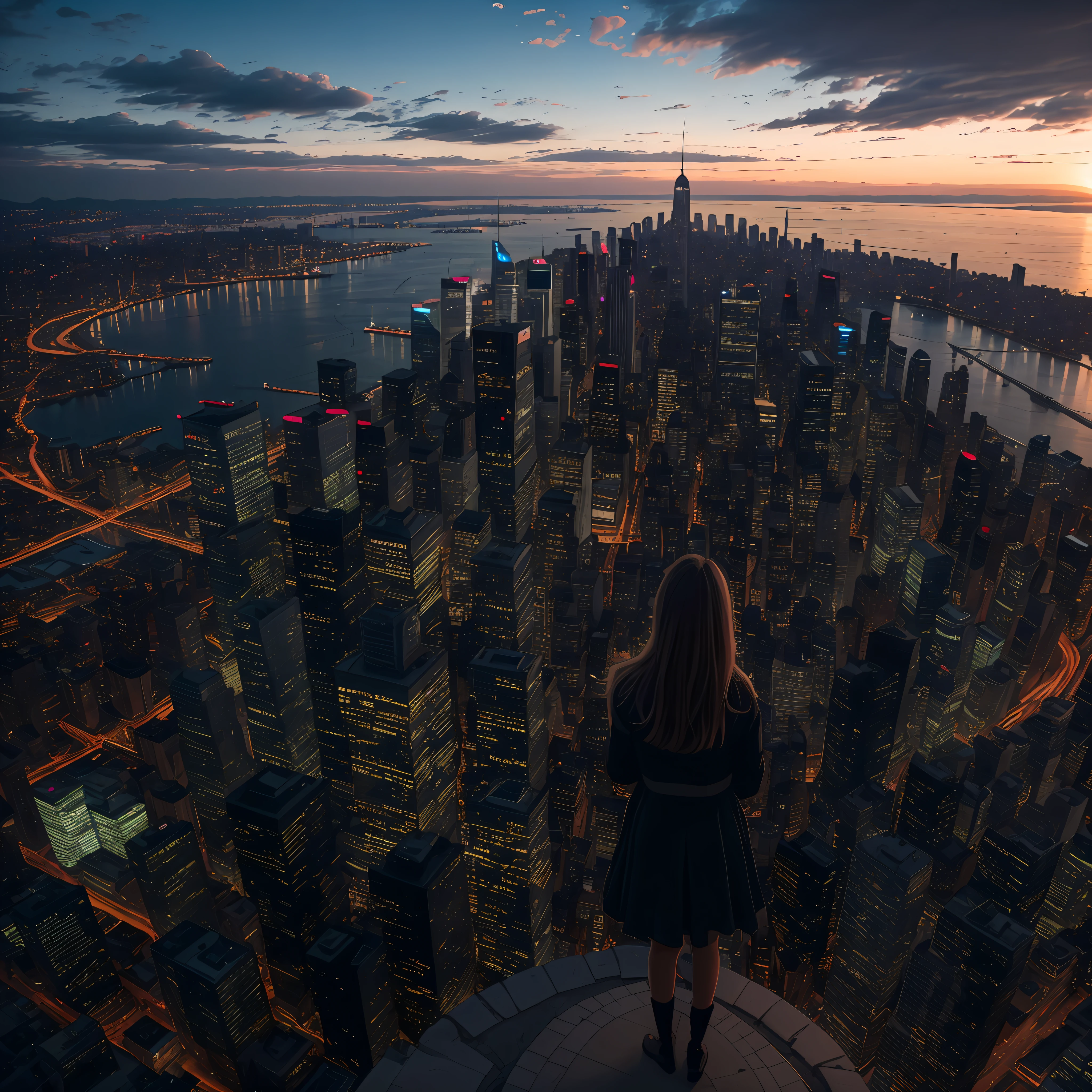 A woman stands on a windowsill overlooking the Alafid view of the city at night, overlooking a modern city, looking over city, walking on top of a tiny city, looking at the city, above city, in front of a fantasy city, in front of a sci fi cityscape, new york in the future, standing on the roof of a skyscrapper