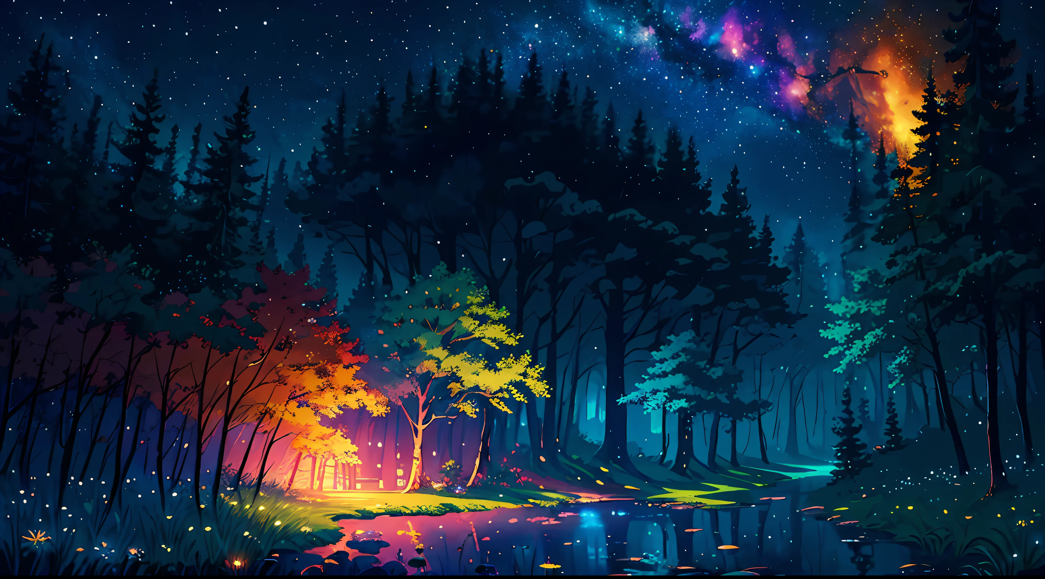 illustration, cartoon, soothing tones, calm colors, (anime), (illustration), cartoon, detailed, masterpiece, beautiful landscape, forest, pond, pathway,night, nebula, starry sky, 8k, best quality, dark shot, detailed