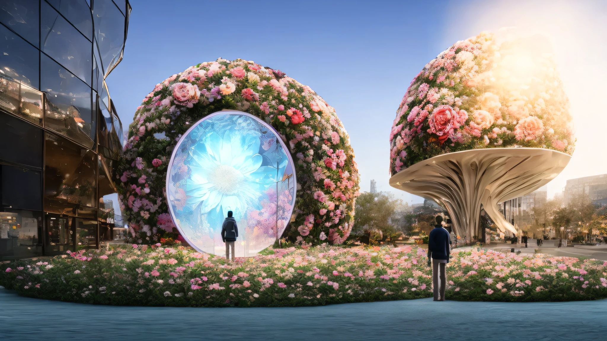 Image of a man standing in front of a huge flower, ethereal hologram center, mall background, portal made of roses, beeple. hyper photorealism, high quality architectural art, foster and partners, Digital artwork, 3 6 0投影, wide angle exterior 2022, giant flowers, large translucent art statues, beeple rendering