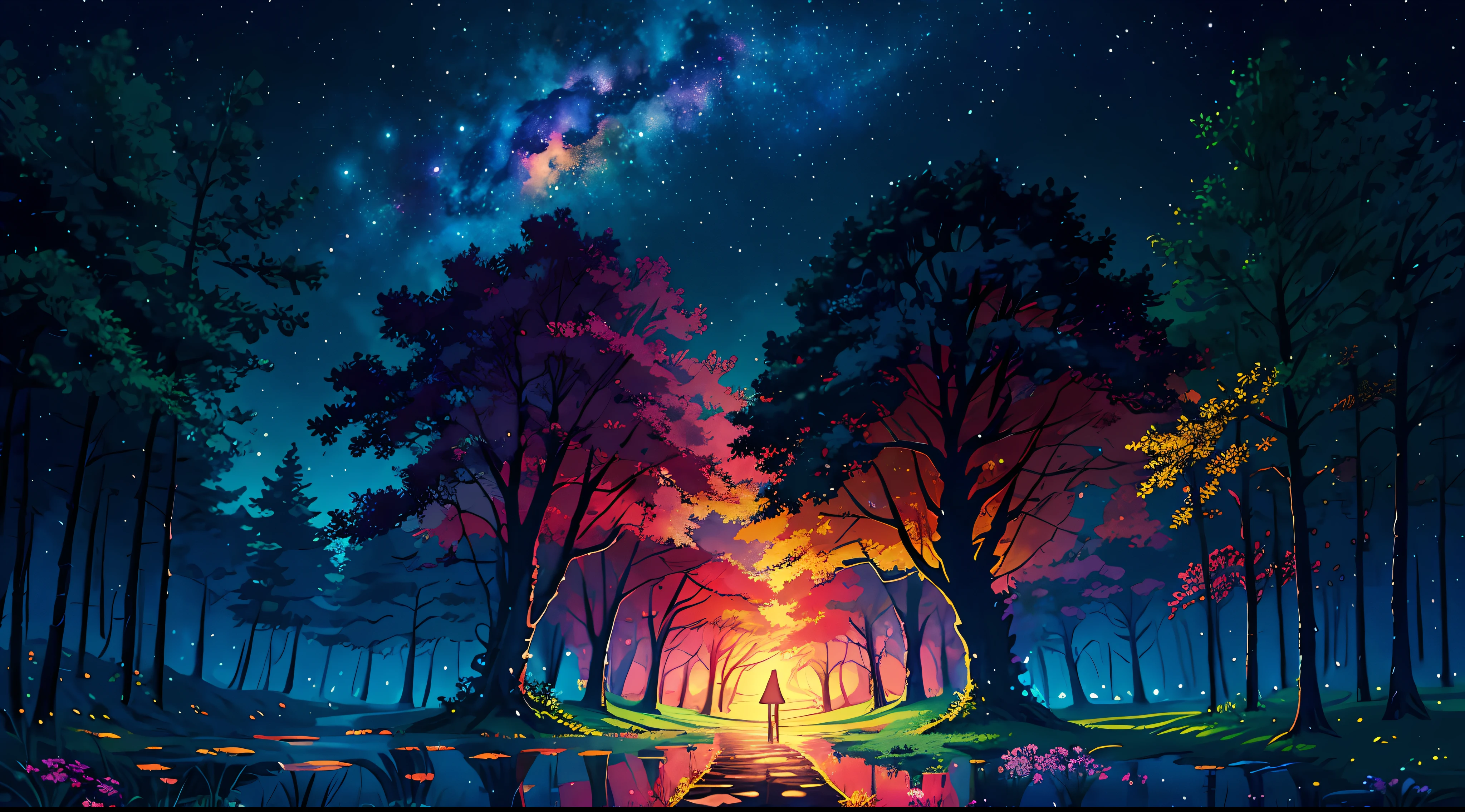 illustration, cartoon, soothing tones, calm colors, (anime), (illustration), cartoon, detailed, masterpiece, beautiful landscape, forest, pond, pathway,night, nebula, starry sky, 8k, best quality, dark shot, detailed