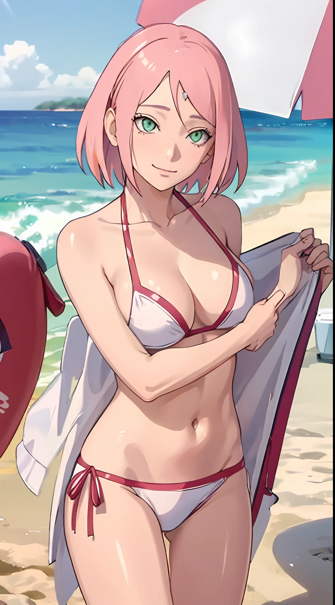 Haruno sakura, short hair,  medium breast, cleavage, navel, slim legs, pink hair, happy, white side tie bikini, bokeh, beach, sunny day, sparkling eyes, ahegou, rolling eyes