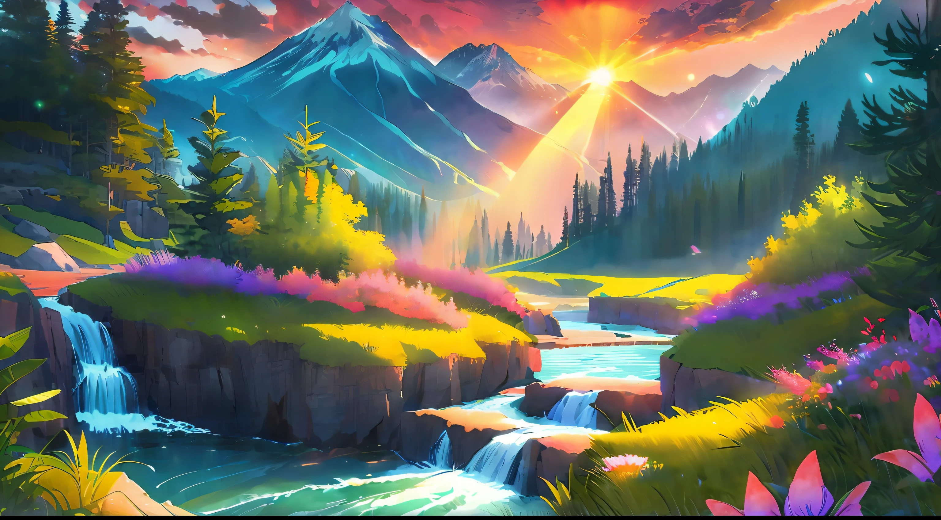 (best illumination, best shadow), scenic anime landscape, beautiful nature scenery, breathtaking view, majestic mountains, lush greenery, flowing streams and rivers, colorful flora and fauna, peaceful atmosphere, magical sunset.