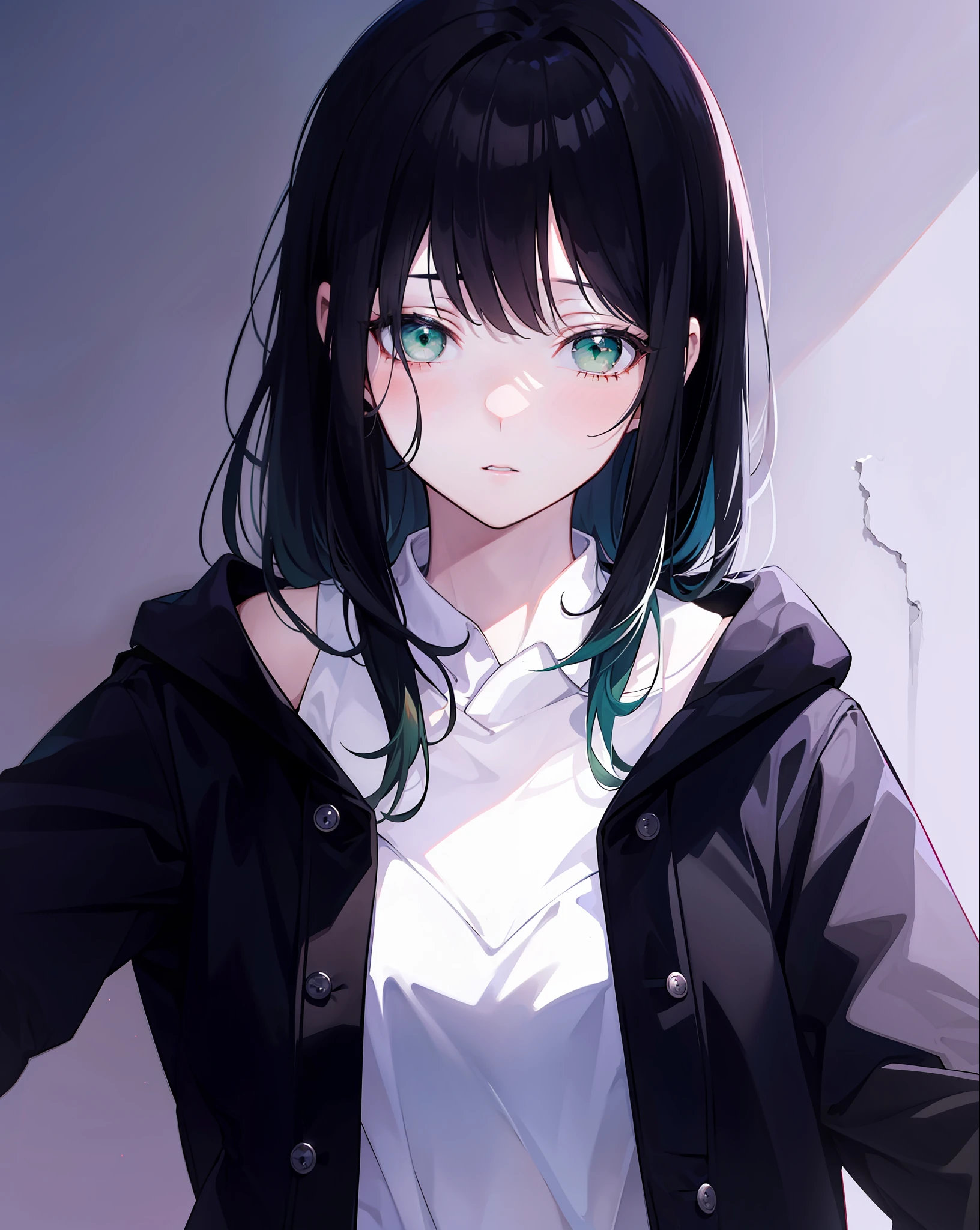 Two-dimensional anime women,Delicate lines,Delicate shadows,The eyes are cold and overwhelmed,Dark green eyes,Black over-the-shoulder hair,Black fitted coat,black long pants。