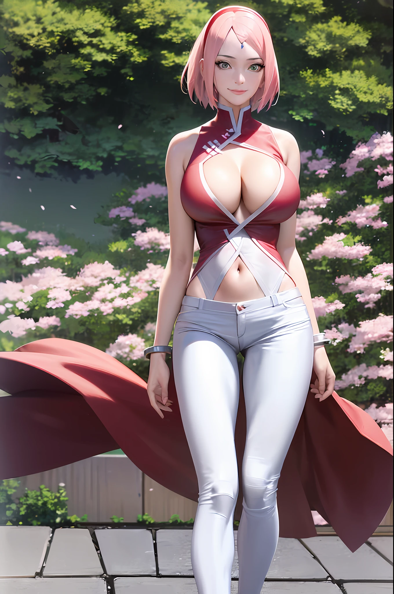 Realistic, Photorealistic,cowboy shot,masterpiece, absurdres ,1girl, haruno sakura, forehead mark, red hairband, red sleeveless dress, white pants, navel, groin, bracelet, looking at viewer, smile, cherry blossoms, private garden, wind, floating hair, large breast ,(((wide hips))), toned body, detailed eyes,