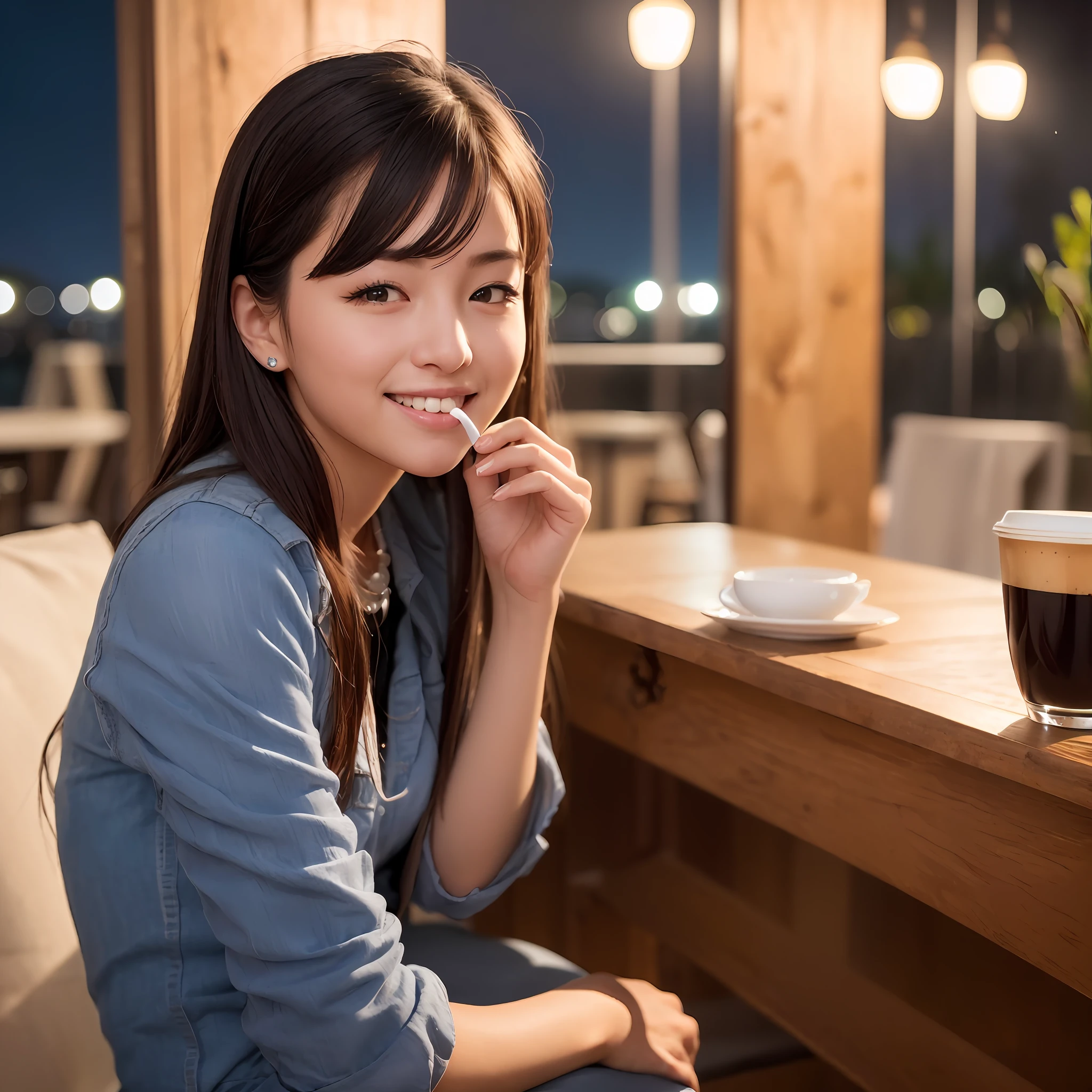 (8k, RAW photo, best quality, masterpiece: 1.2), (realistic, photo-realistic: 1.37), ultra-detailed, 1 girl, cute, solo, beautiful detailed sky, detailed coffee, night, sitting, dating, (flushed nose), (smile: 1.1), (mouth closed), medium brea