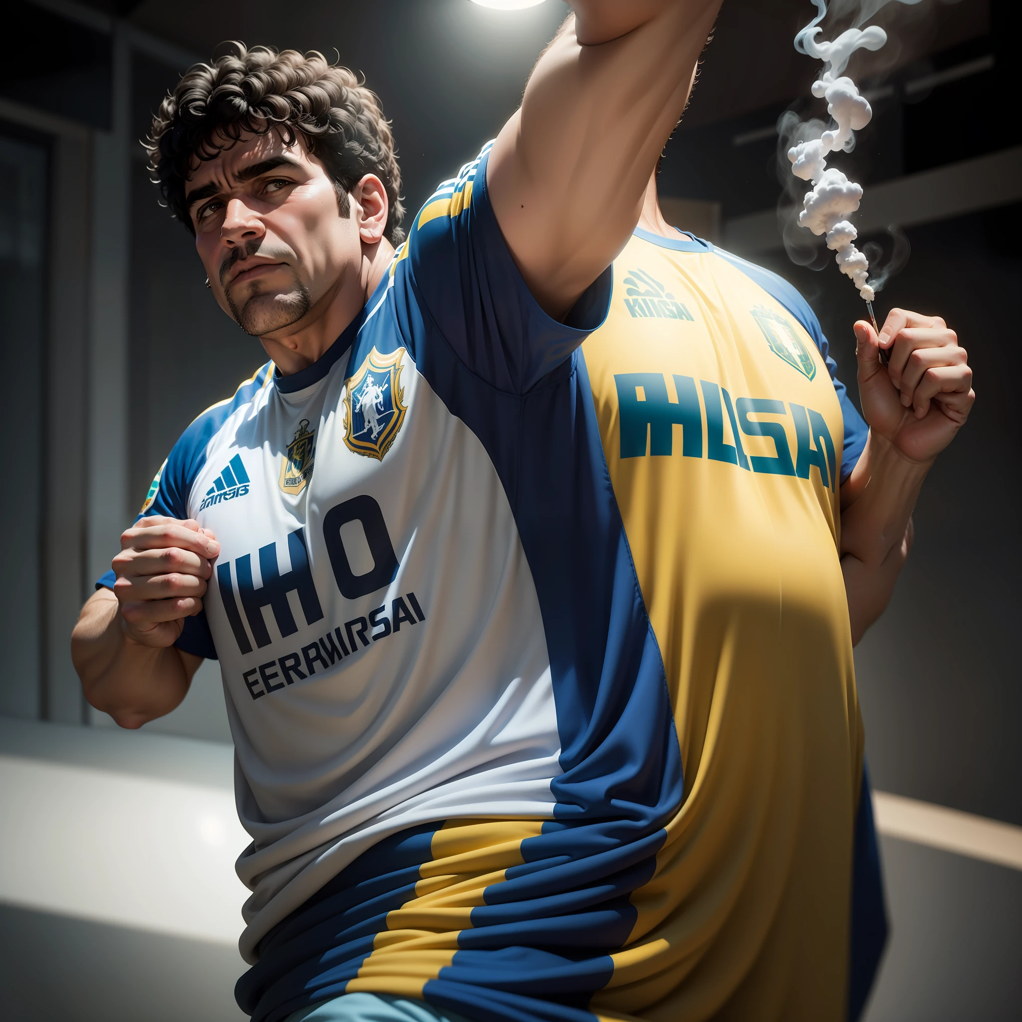 Maradona ultra realista, cena de filme, With shirt of the Brazilian National Team, UHD, 8k, linhas extremamente realisticas, Kinematic, fumando maconha