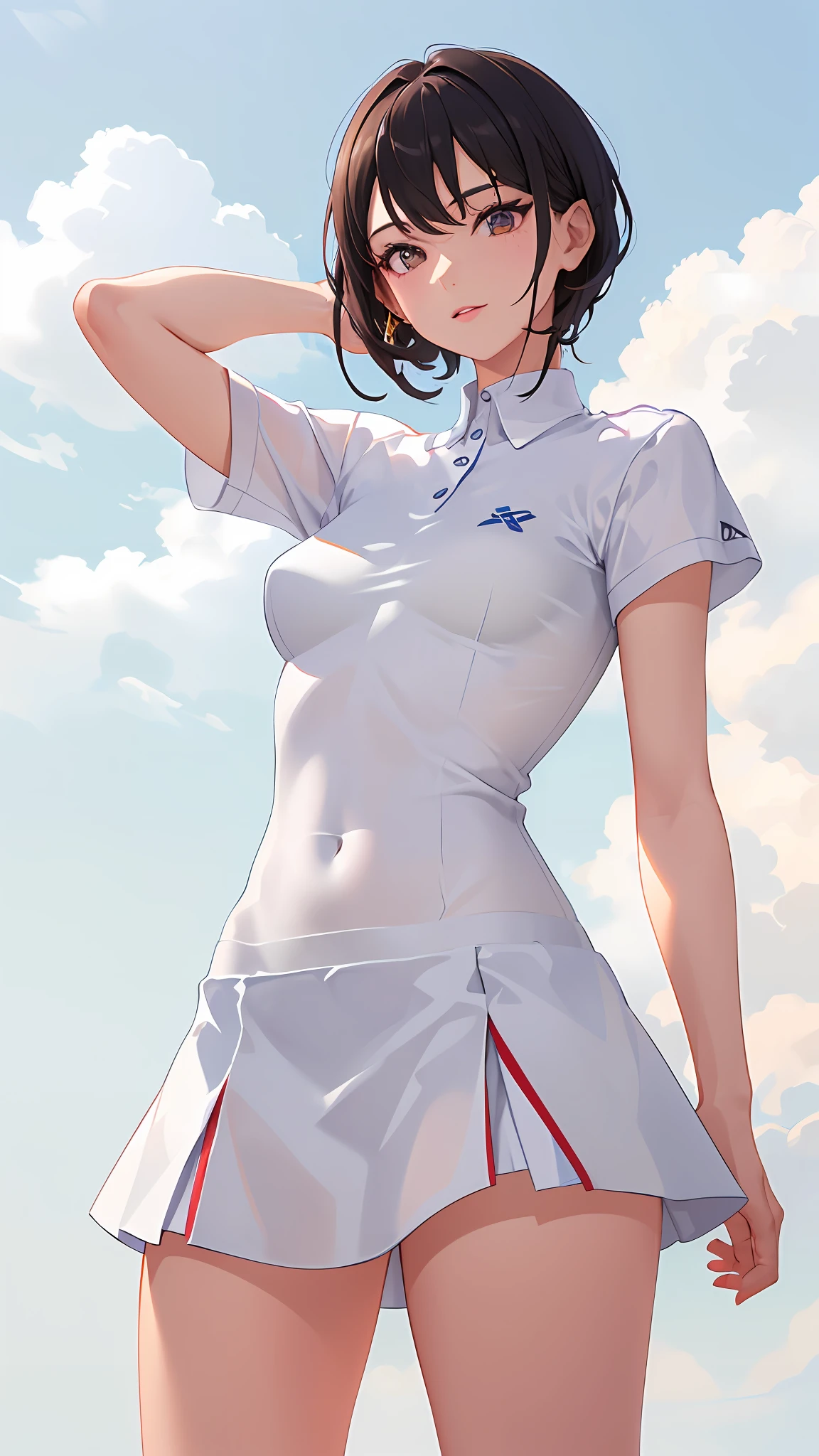 1girl, solo, camisa polo branca, white sneakers, tennis wear, minissaia branca, obra-prima, melhor qualidade, realista, hiper-detalhado, (pele brilhante, suado: 1.4), absurdo, olhando para o espectador, cabelo preto curto, olhos castanhos, esguio, dynamic  lighting, alta resolução, foco nítido, profundidade de campo, olhos detalhados, pupilas afiadas, pupilas realistas, (seios pequenos:1.6), (coxas grossas:1.0), ao ar livre, Orange skye, HDR (High Dynamic Range), Ray Tracing, NVIDIA RTX, Super-Resolution, Unreal 5, Espalhamento subsuperficial, PBR texturing, Post-processing, anisotropic filtering, Profundidade de campo, Maximum clarity and sharpness, Texturas multicamadas, mapas especulares e de albedo, surface shading, Accurate simulation of light-material interaction, perfectly proportions, Octane rendering, dual-tone lighting, ISO baixo, white-balance, rule of thirds, aeratura, 8K RAW, sub-pixel eficiente, sub-pixel convolution, luminescent particles,