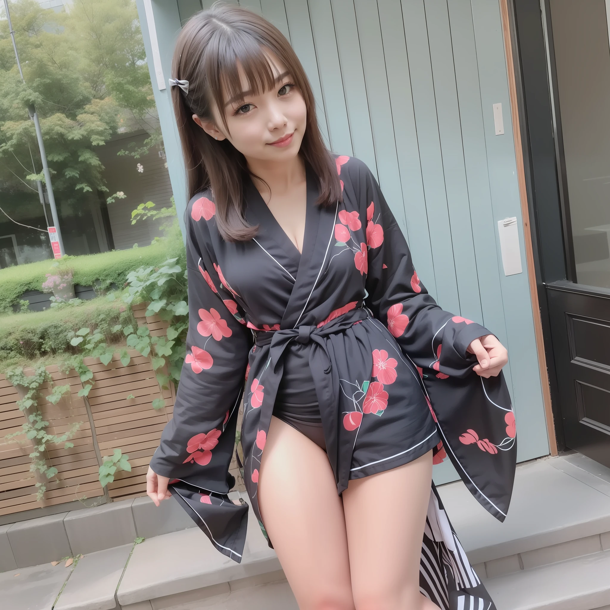 realphoto　full body focus　One girl　独奏　Model body　Festive Dating　Long hair that grows to the waist 0.5　Delicate facial features　nature makeup　Long black hair that grows to the waist　A yukata with a modified chest between short yukata robes　Bewitching yukata　V-shaped chest　no-bra　Bewitching yukata　Short yukata　Panties are visible（String panties）Panty close-up　Sexy behavior　Honeycomb Smile　Gentle smile　Seduce me　Sexy standing figure　Depiction of looking up from the knee 2.0