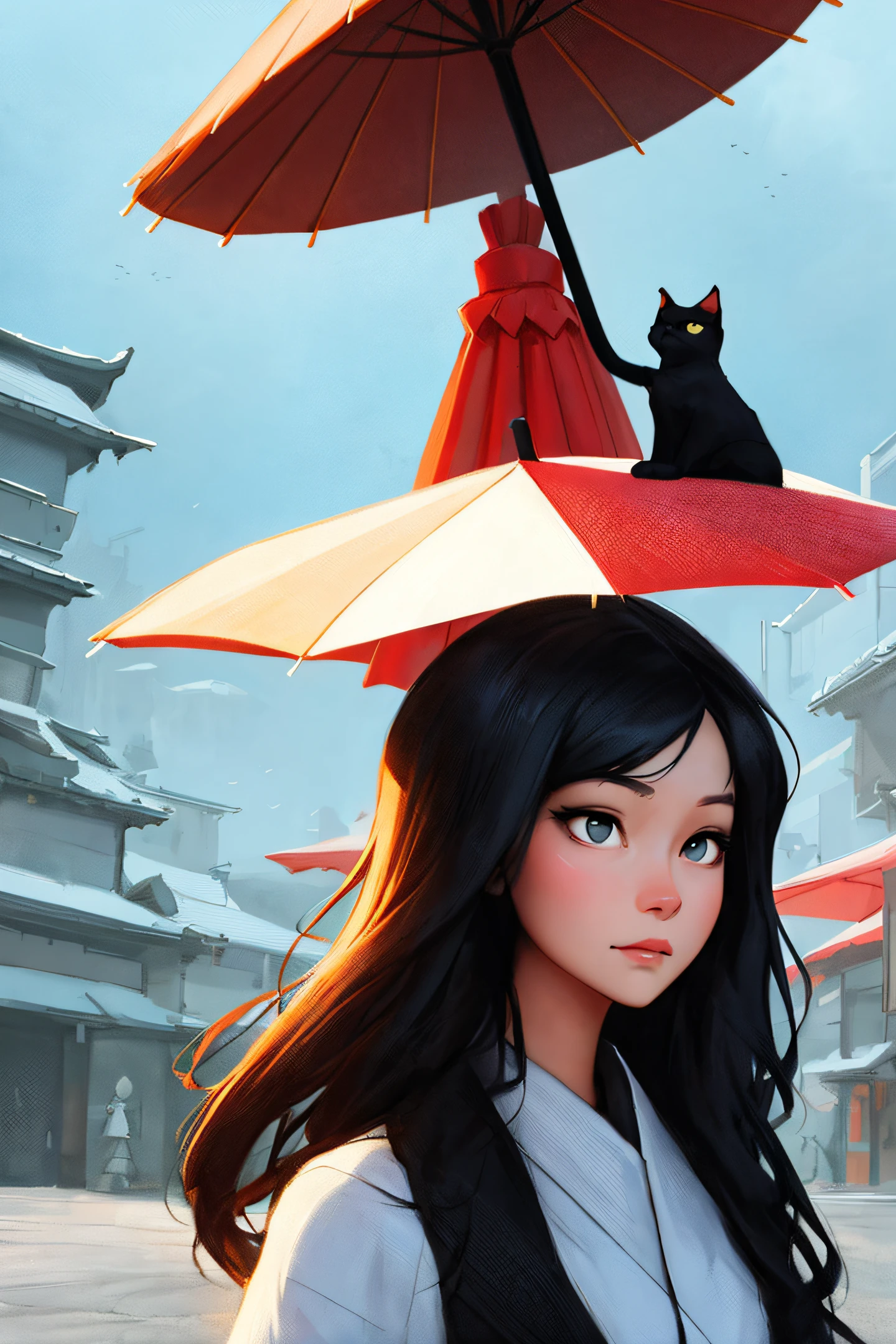 there are two pictures of a woman with an umbrella and a cat, artwork in the style of guweiz, guweiz, beautiful character painting, guweiz on artstation pixiv, guweiz on pixiv artstation, stunning anime face portrait, beautiful digital artwork, wlop rossdraws, detailed digital anime art, guweiz masterpiece