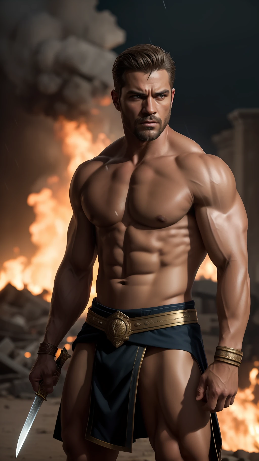 portrait of a 60 years old muscular very handsome and attractive Gladiator warrior man, in front of an ancient destroyed Roman city on fire, raining, short messy hair, hairy body, gladiator clothe, close up, regal pose and attitude. fking_cinema_v2. , very strong and fitted, very intense action, dynamic action scene, dynamic juxtaposition, a sword, fierce look, looking at the viewer, fierce look, tumblr contest winner, hurufiyya, very strong fitted and masculine, movie still, cinematic lighting. photograph, detailed symmetric realistic face, extremely detailed natural texture, peach fuzz, short messy hair, masterpiece, absurdres, nikon d850 film stock photograph, kodak portra 400 camera f1.6 lens, extremely detailed, amazing, fine detail, intense actio, hyper realistic lifelike texture, dramatic lighting, unrealengine, trending on artstation, cinestill 800 tungsten, looking at the viewer, photo realistic, RAW photo, TanvirTamim, high quality, highres, sharp focus, extremely detailed, cinematic lighting, action, 8k uhd,