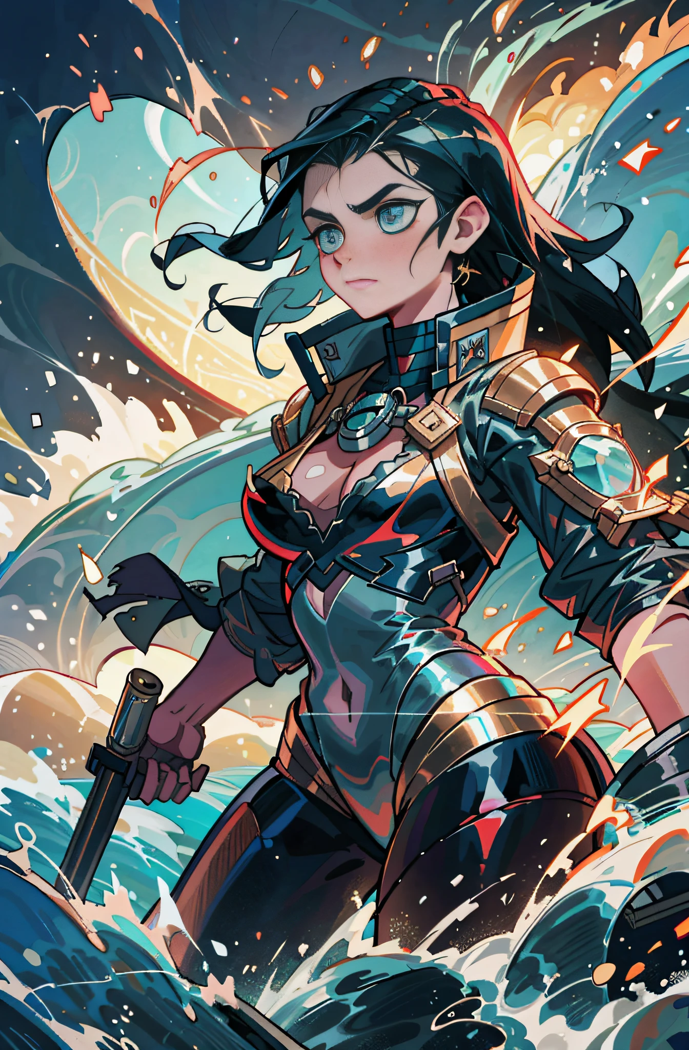 A rogue Siren pirate, her azure scales glistening under the harsh light of a burning ship at sea, 8k, high resolution. Her jet black hair, slicked back and gleaming, is offset by her eyes of molten gold, intense in the fire-lit chaos. Bedecked in a sskin tight suit, pirate jacket overtop, she wields her blunderbuss with formidable strength, standing on the ship's deck as the flames roar around her.