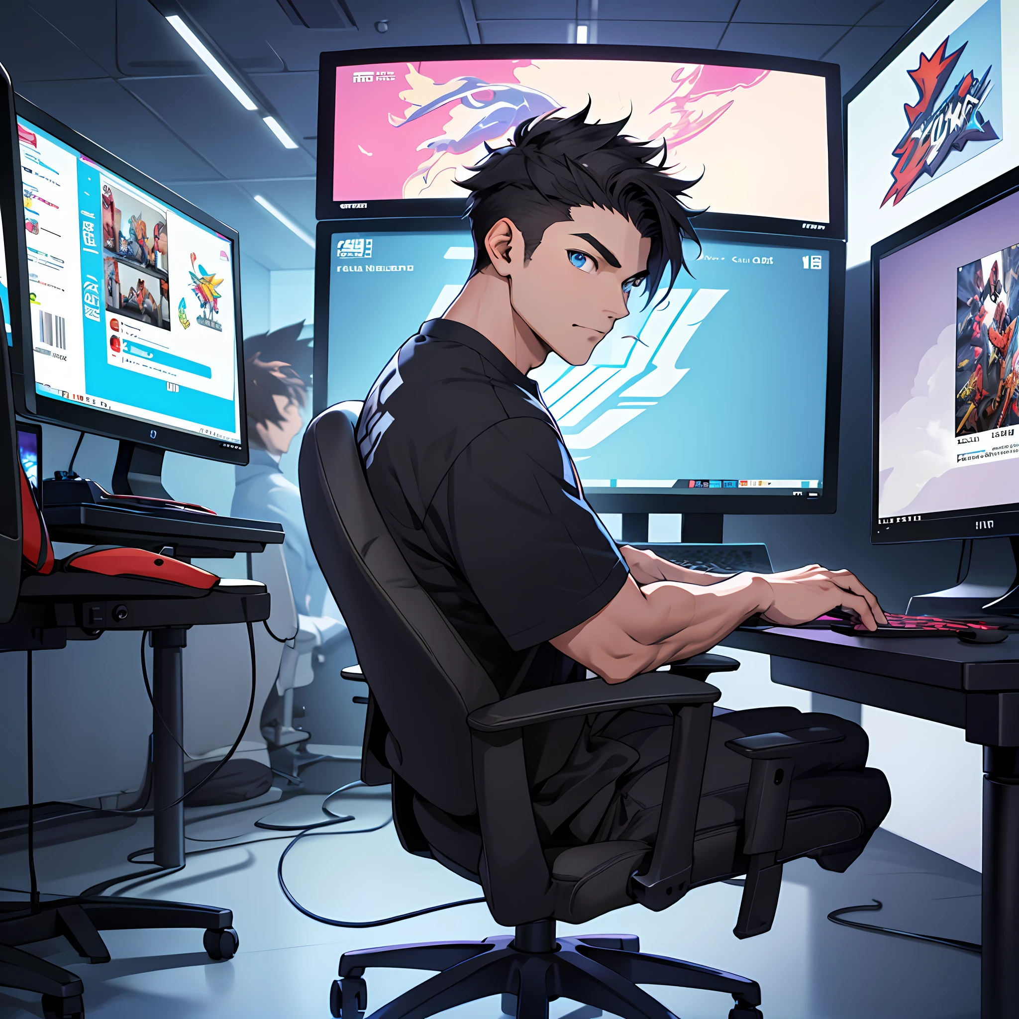 Best quality: 1.0), (Super High Resolution: 1.0), Anime boy, short black hair, blue eyes, sitting in front of computer playing games, background in esports room,