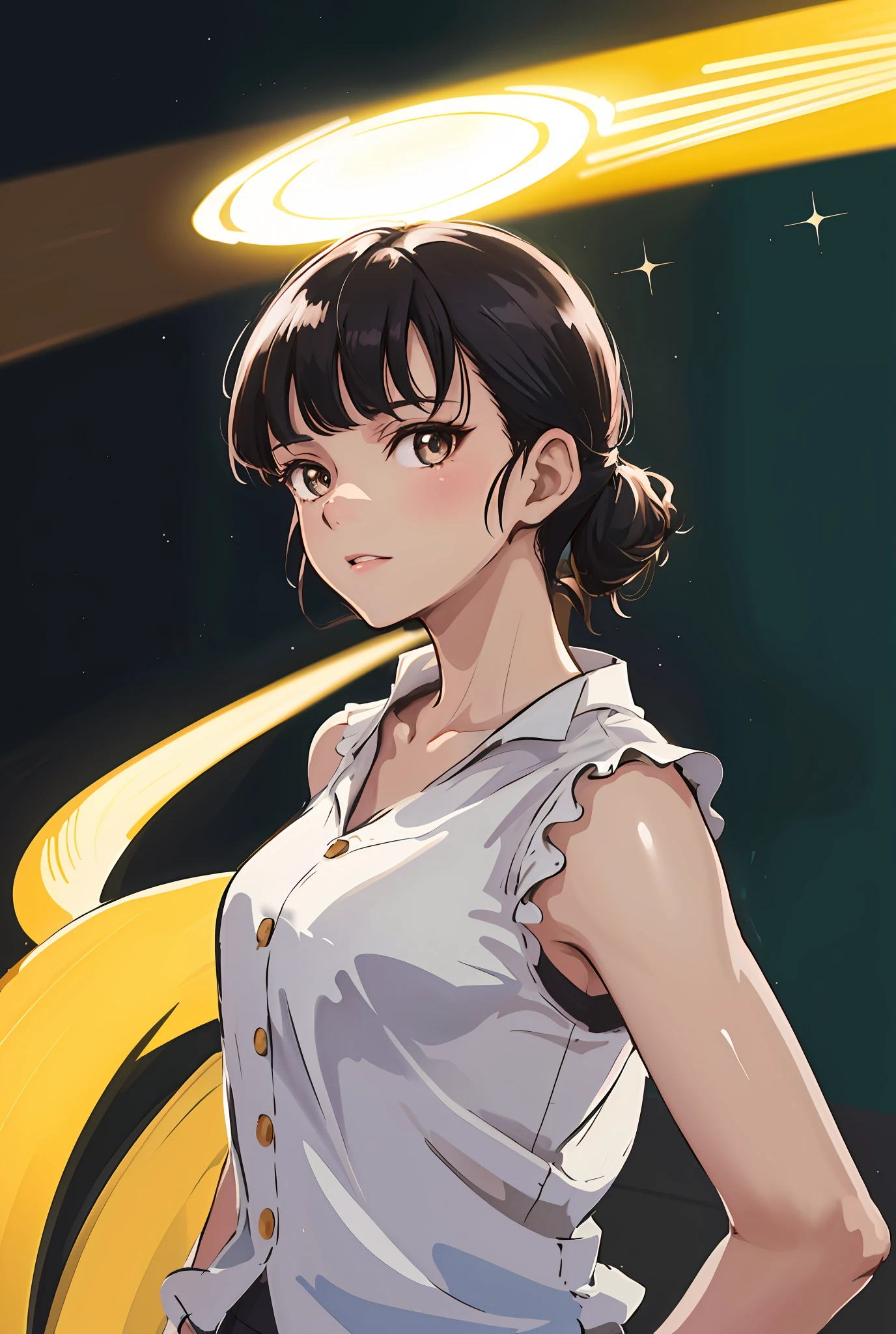 (highres, best quality:1.2), 1girl, Shaft artstyle, 1girl, sparkling eyes, radiance, soft contours, beautiful drawing, upper body, concept art, neon light, eyelashes, black hair, sakamoto mio, brown eyes, casual wear