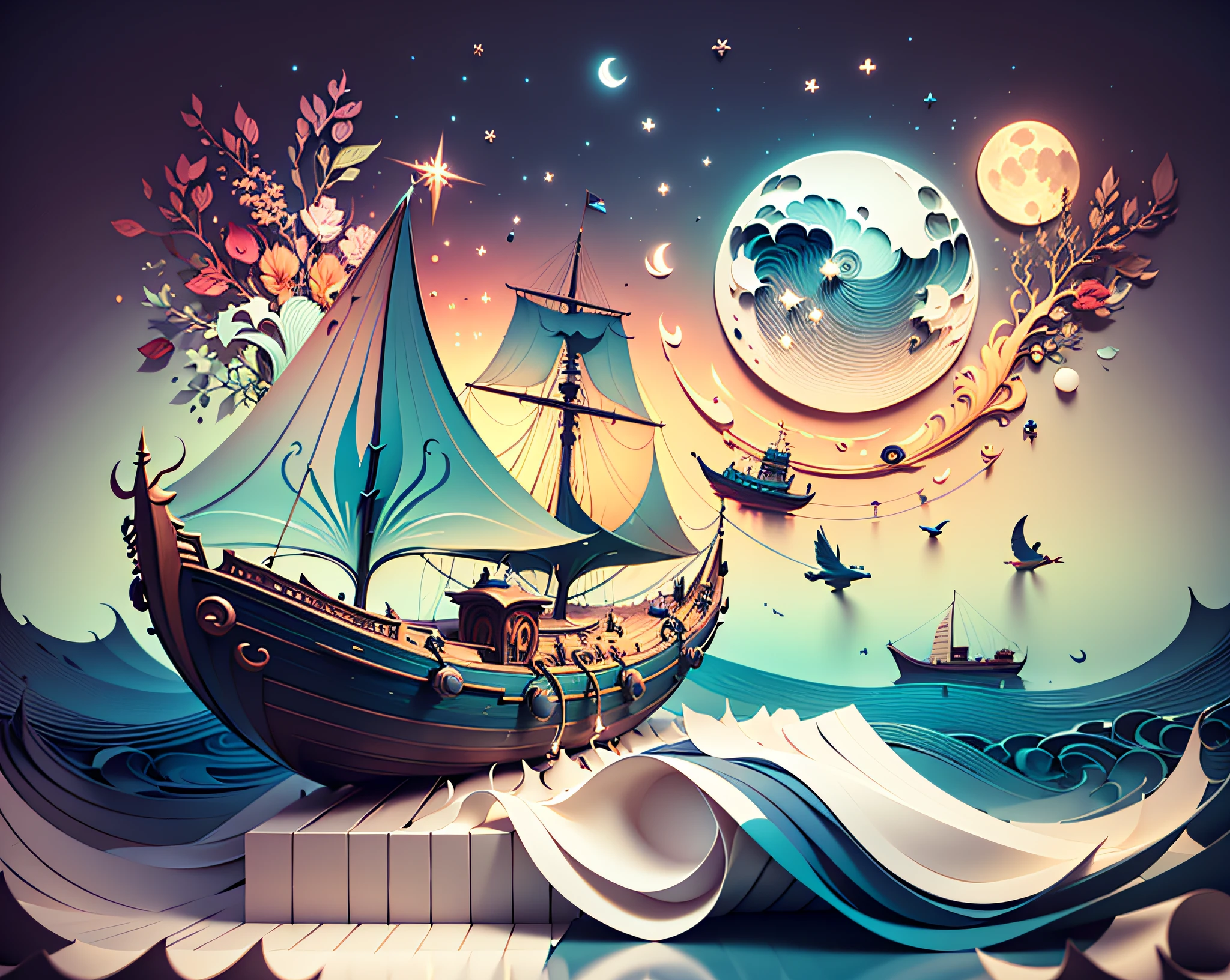 Softlight,(warm color:1.2),Water color painting,light background,best quality exquisite details,3d rendering,Octane render,pastel, Moon, boat, sea, storm,(paper_cut:1.15),