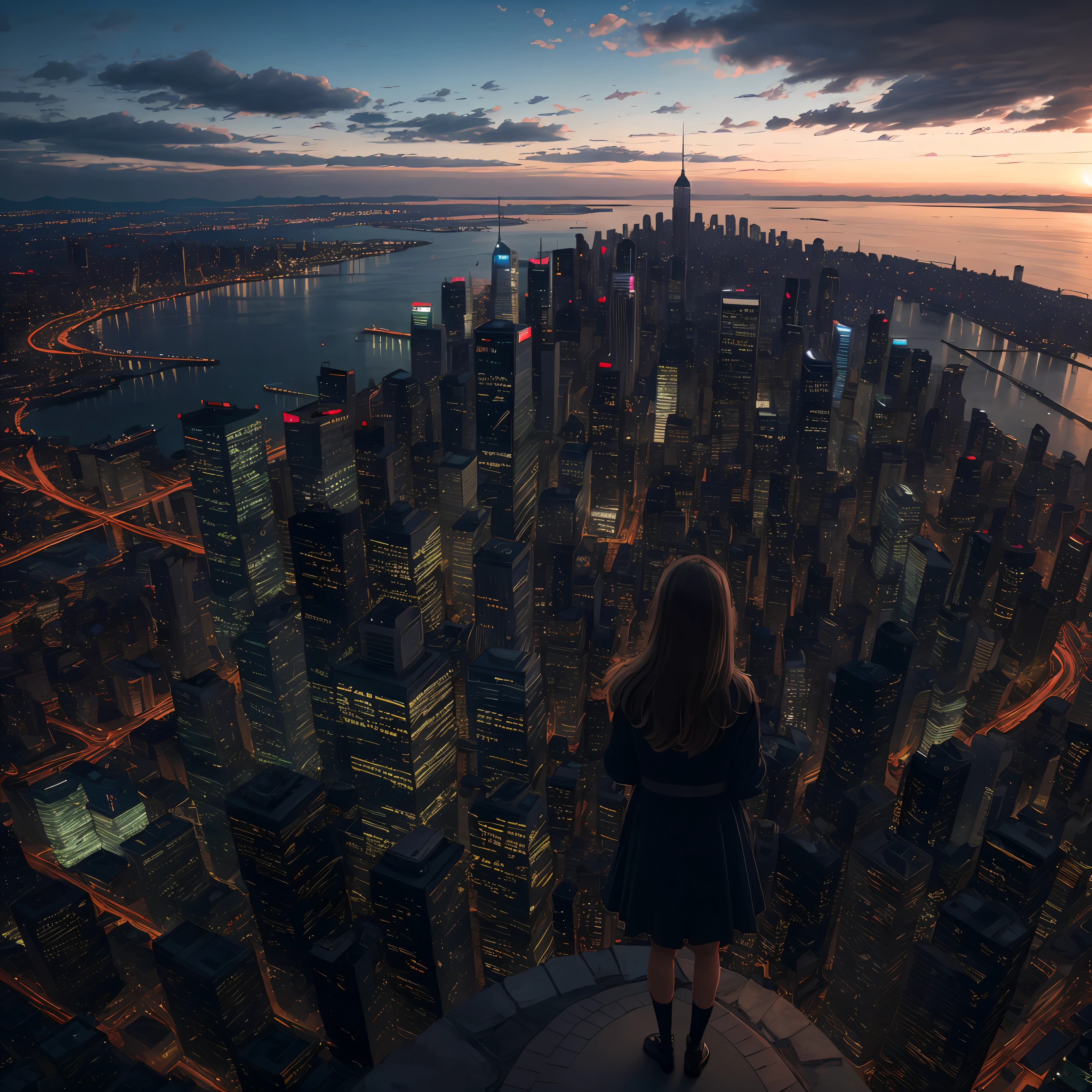 A woman stands on a windowsill overlooking the Alafid view of the city at night, overlooking a modern city, looking over city, walking on top of a tiny city, looking at the city, above city, in front of a fantasy city, in front of a sci fi cityscape, new york in the future, standing on the roof of a skyscrapper