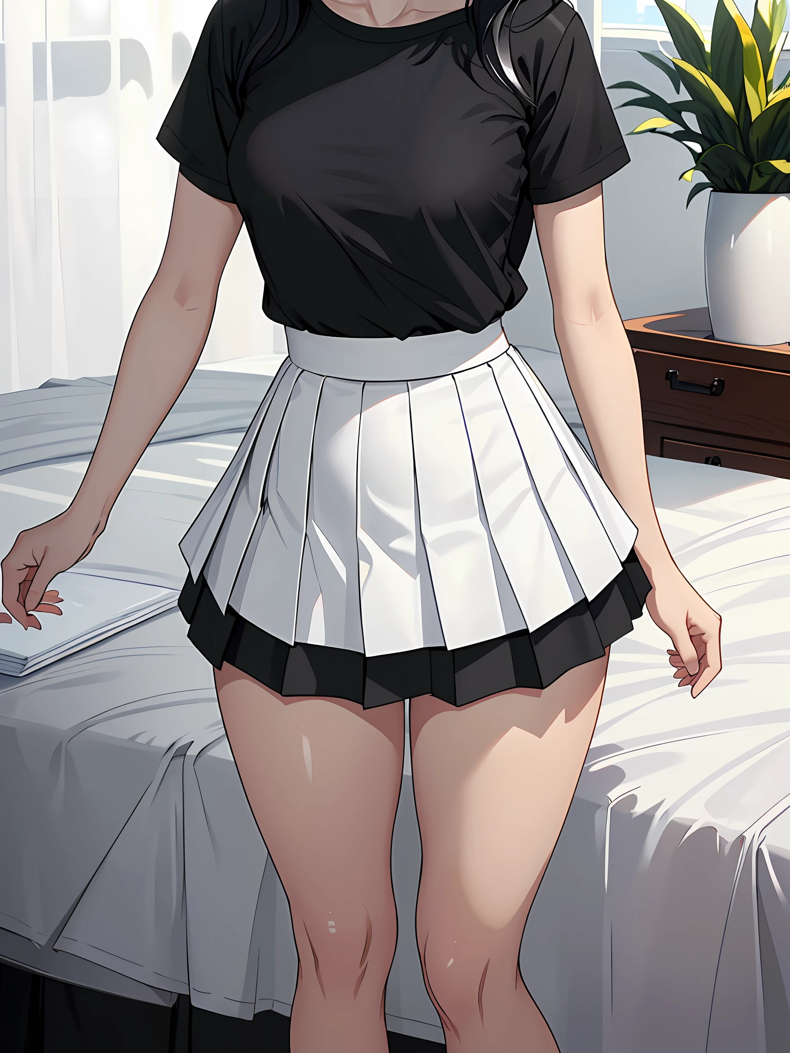(Masterpiece 1.3, 8k resolution, ultra-realistic, very detailed), (Intricate Detail), Perfect Detail Face, Detailed Eyes, Very Detailed, Blush, waist constriction, beautiful legs, taut skin, very detailed face and skin texture, double eyelids, pale cheeks, healthy skin, (Seductive appearance: 1.5), Detailed Background, Realistic Photo, Sharp Focus: 1.2, Perfect + Slender Style, (((black t-shirt, white Skirt))), ((black long hair, black Short-sleeve t-shirt, white korean pleated Skirt Cake Culottes Double Layer High Waist A-line Shorts Skirts)), on bed.