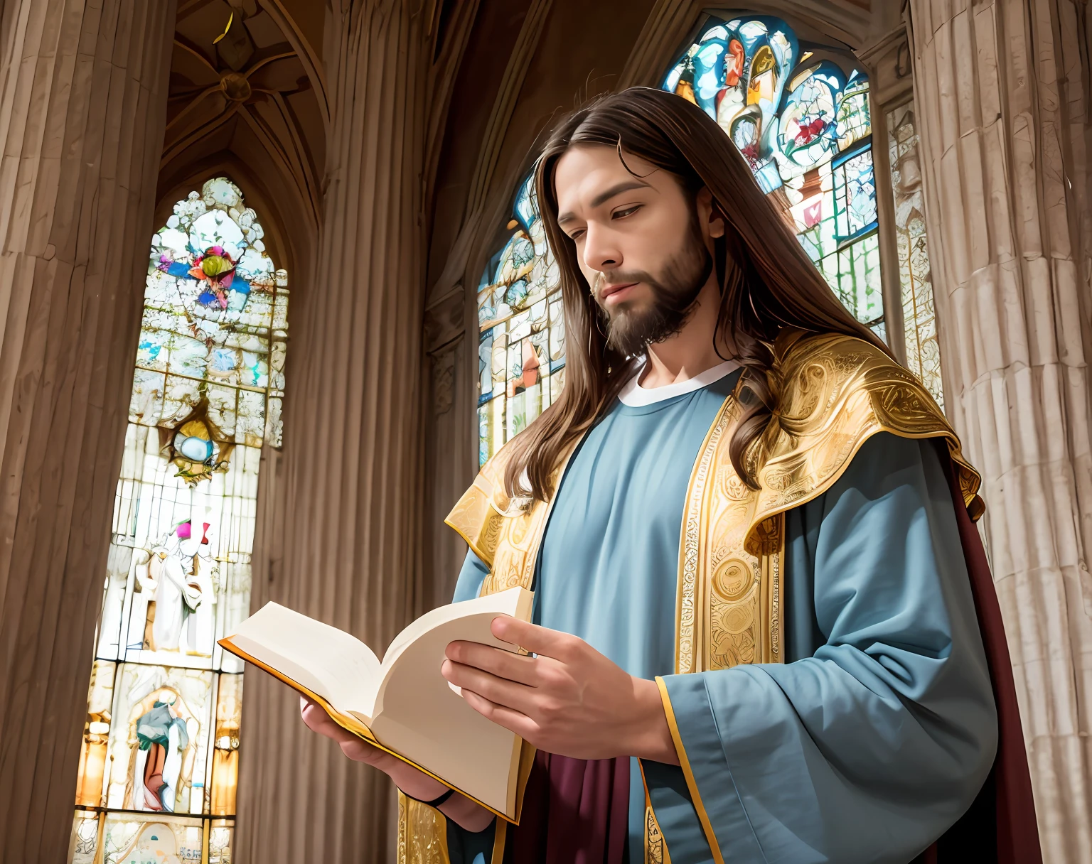 Homem arafed em um manto azul lendo um livro em uma igreja, majestosa obra-prima, exclusivo, retrato da obra-prima religiosa, picture of a male cleric, imaculadamente detalhado, Shutterstock, Vestido como Jesus Cristo, imagens sagradas, vestes religiosas, Retrato de Jesus Cristo, christian saint, sentou-se em seu trono, holy themed, Obra-prima, imagens religiosas, Foto de Stock