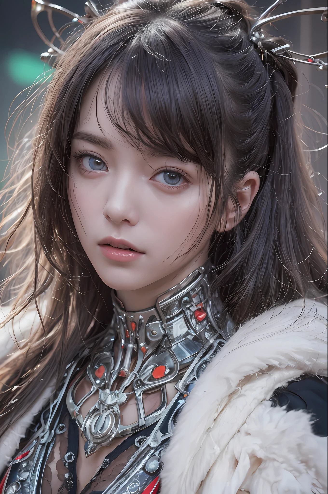 Top Quality, Masterpiece, Ultra High Resolution, (Photorealistic: 1.4), Raw Photo, 1 Girl, Black Hair, Glossy Skin, 1 Mechanical Girl, (Ultra Realistic Details)), Portrait, Global Illumination, Shadows, Octane Rendering, 8K, Ultra Sharp, Big, Cleavage Exposed Raw Skin, Metal, Intricate Ornament Details, Egyptian Details, Very intricate details, realistic light, CGSoation trend, purple eyes, glowing eyes, facing the camera, neon details, mechanical limbs, blood vessels connected to the tube, mechanical vertebrae attached to the back, mechanical cervical attachment to the neck, sitting, wires and cables connecting to the head, evangelion, small LED lamp,