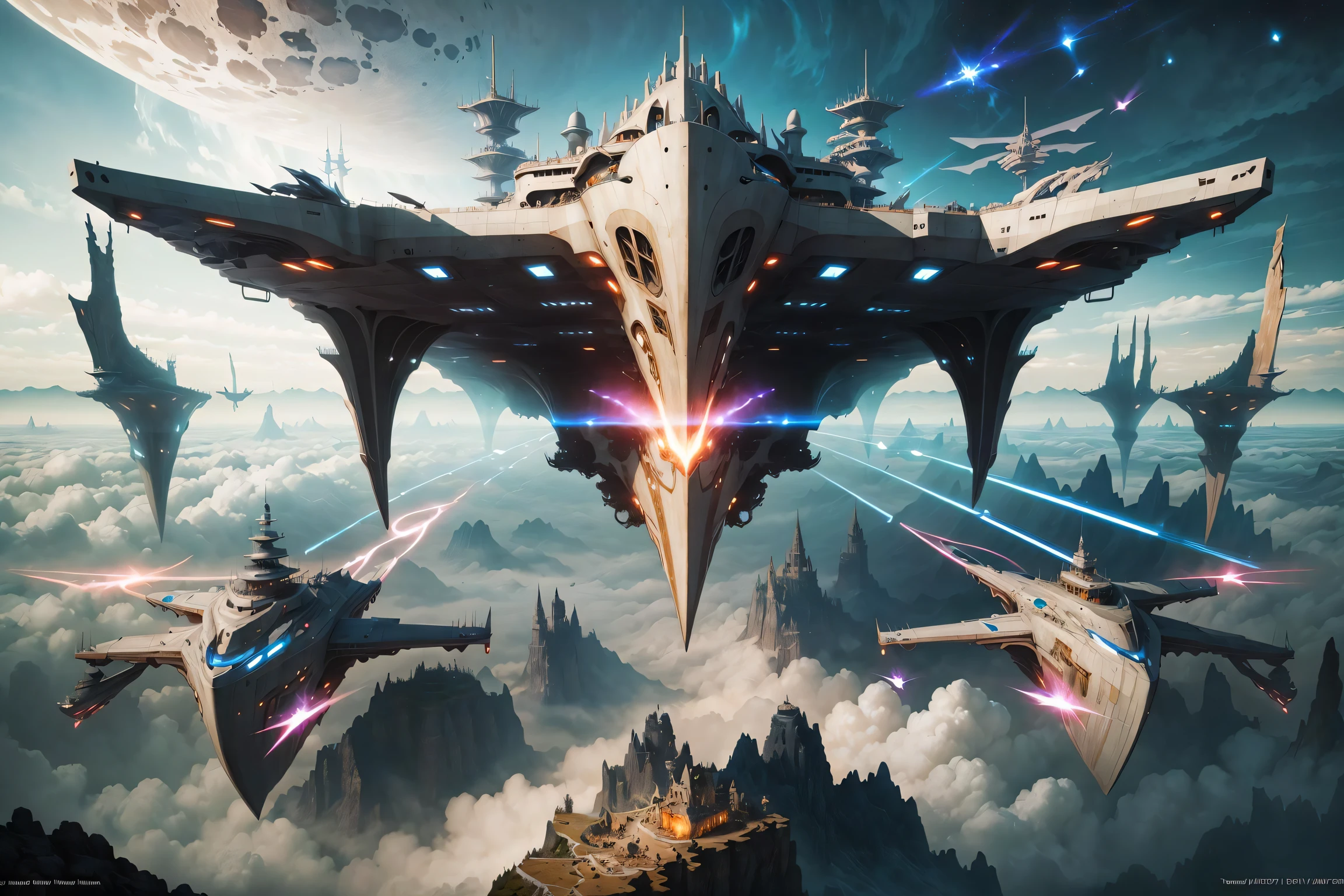 ((best quality)), ((masterpiece)), edge of chaos, (morphing reality:0.64), miraculous surreal landscape, floating islands, unbelievable fantastical creatures, [[[astral]]], (armada, various fantasy flying vessels:1.60), (space fighters), masterpiece quality, mysteries of universe, (whirlpool of energy:0.64), magical phenomenon, illusionary balance, (ultra detailed), dynamic angle, dramatic atmosphere, absurdres, composition, perspective, wonder, 8k, official art