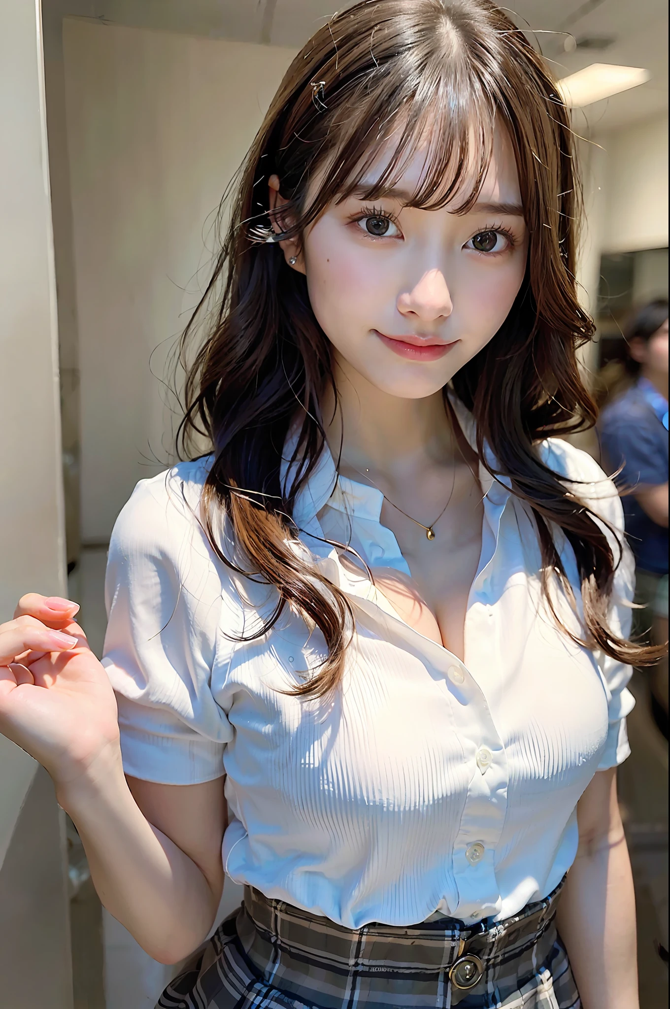 (realisitic、Photorealsitic:1.37)、(masterpiece)、(top-quality:1.4)、(超A high resolution:1.2)、(RAW Photography:1.2)、(foco nítido:1.3)、(facefocus)、Front lighting、独奏、break、
(Very beautiful actress:1.5), elegent, unclear, (32years old:1.2), break,
(de pele branca)、shinny skin、(without makeup)、((Natural skin))、(A dark-haired)、Medium and straight hair、(Shine Hair:1.3)、(bangss:1.2)、(oval-face))、extra detailed face、a small face、extremely detailed eye、drooing eyes、big eye、roundly eyes、no eyebrow、High nose bridge、break、
(Japan girl uniform)、a necklace、beautiful smiling face、break、
(cowboy shot:1.3)、is standing、tall、Big breasts、big butts、beautiful legs、Lower your arms、fold hand with、luxury hotel、