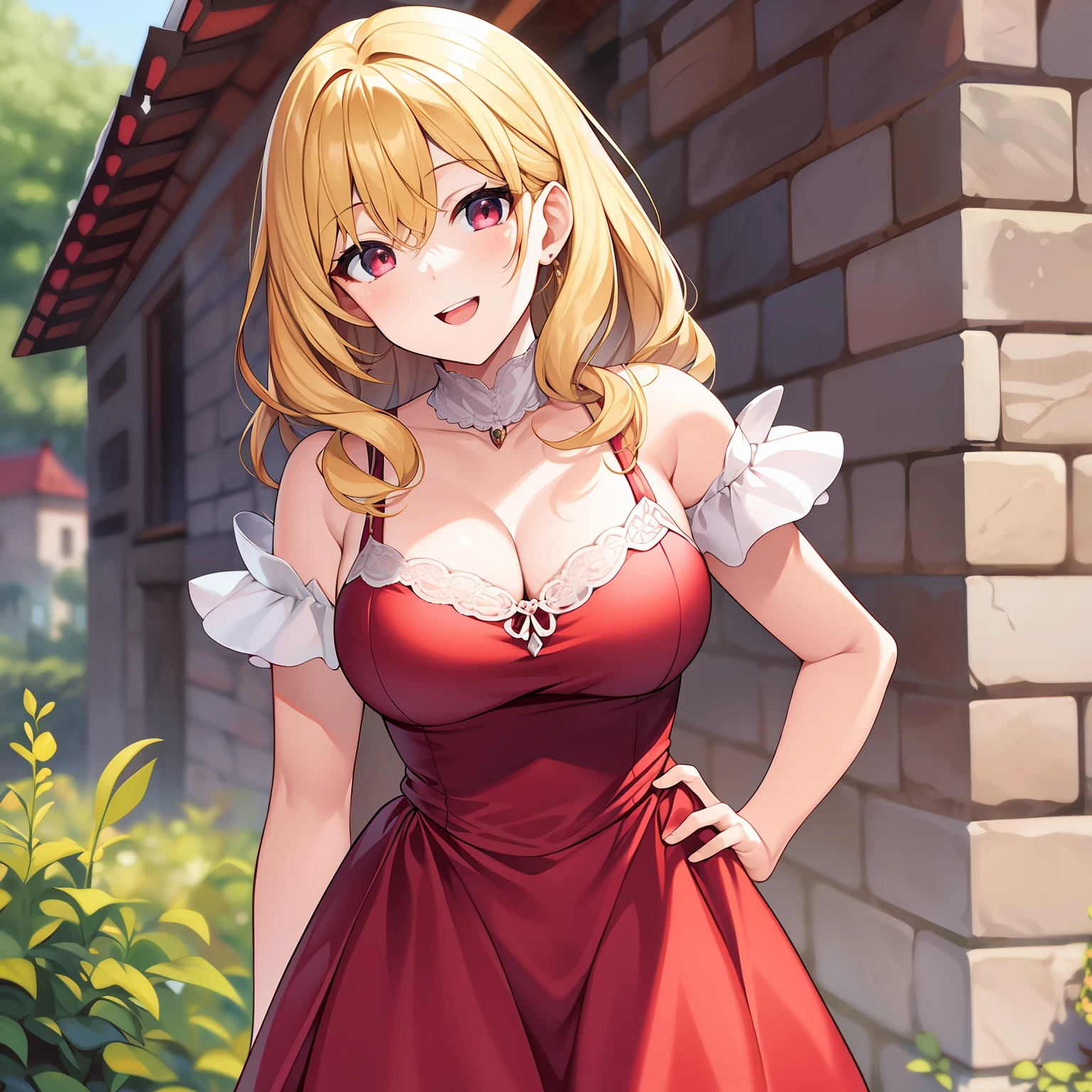 Chica, 25 years old, rubia, ojos morados, figura voluptuosa, busto grande, caderas anchas, elegante vestido blanco revelador, sonrisa alegre, Fantastic village