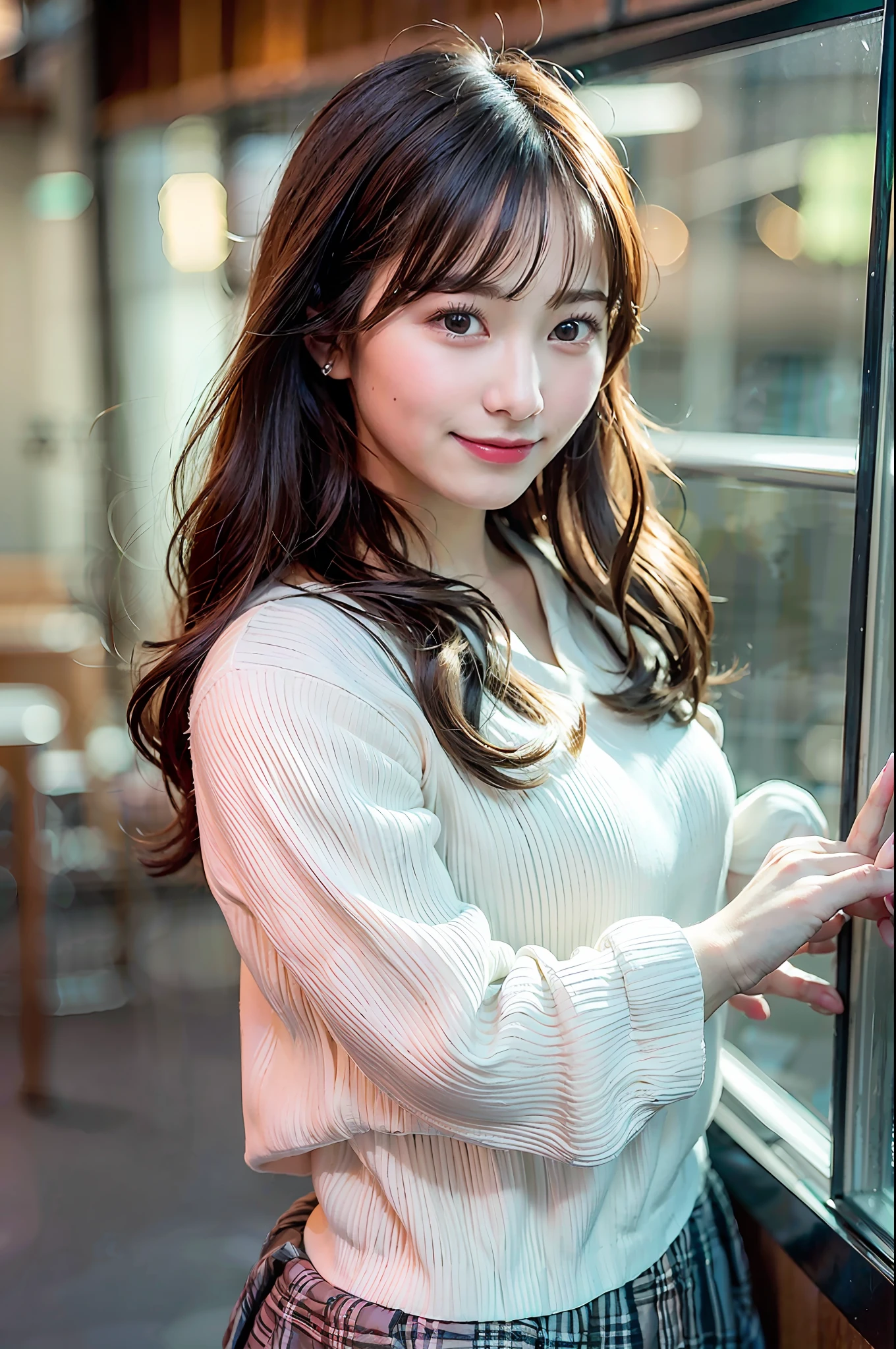(realisitic、Photorealsitic:1.37)、(masterpiece)、(top-quality:1.4)、(超A high resolution:1.2)、(RAW Photography:1.2)、(foco nítido:1.3)、(facefocus)、Front lighting、独奏、break、
(Very beautiful actress:1.5), elegent, unclear, (32years old:1.2), break,
(de pele branca)、shinny skin、(without makeup)、((Natural skin))、(A dark-haired)、Medium and straight hair、(Shine Hair:1.3)、(bangss:1.2)、(oval-face))、extra detailed face、a small face、extremely detailed eye、drooing eyes、big eye、roundly eyes、no eyebrow、High nose bridge、break、
(Japan schoolgirl uniform)、a necklace、beautiful smiling face、break、
(cowboy shot:1.3)、is standing、tall、Big breasts、big butts、beautiful legs、Lower your arms、fold hand with、luxury hotel、