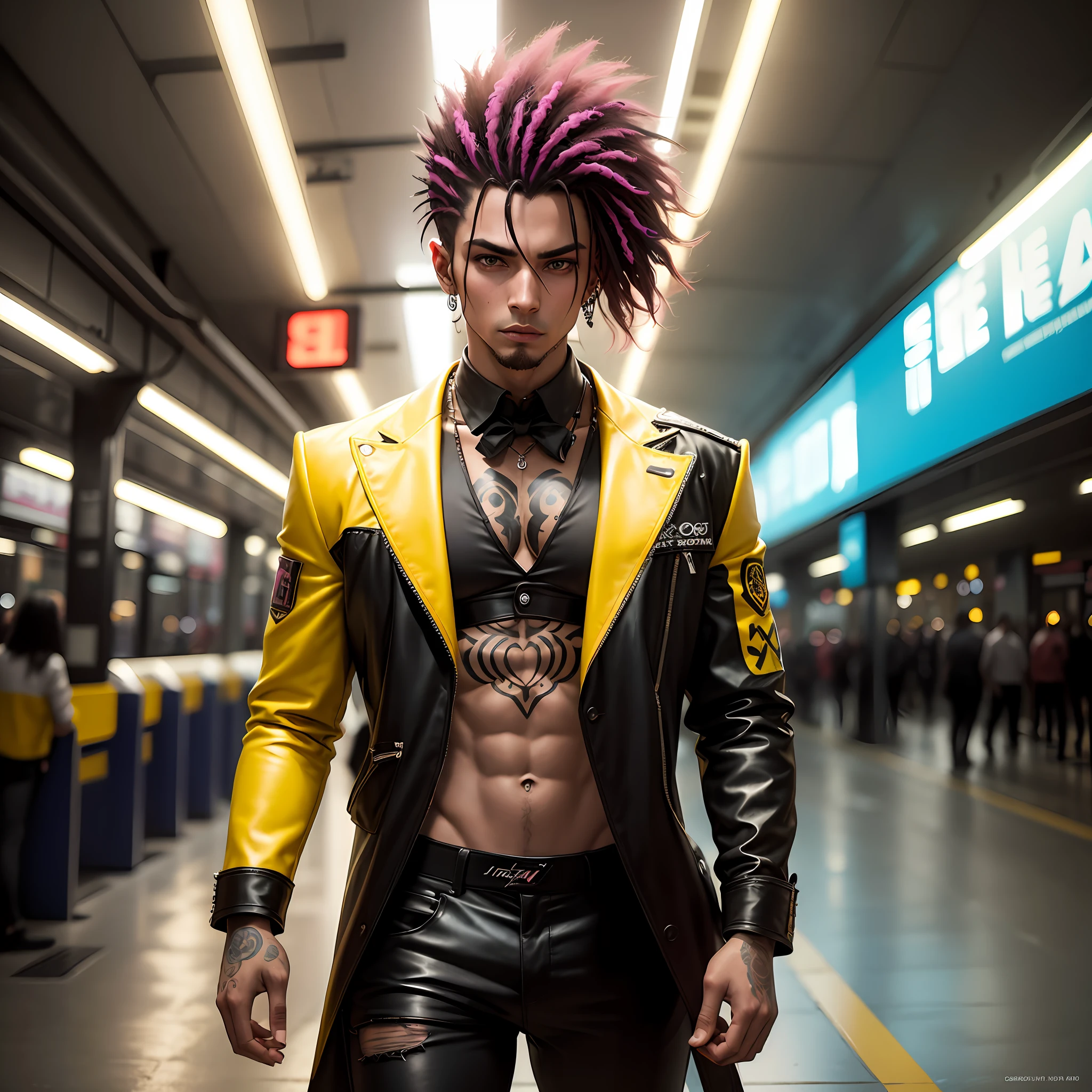 gostaria de uma imagem estilo cyberpunk em 4k de um homem de mais ou menos 20 anos , forte, de pele negra ,com cabelo punk estilo anos 80 na cor amarelo e cinza escuro,muito eLegante,, futurista e estiloso neon , com uma tatuagem super colorida e com neon ,Toattoo, facing a metro station on the platform , with station lights failing in a dimly lit environment, standing dressed in a dark yellow suit with a pink bow tie