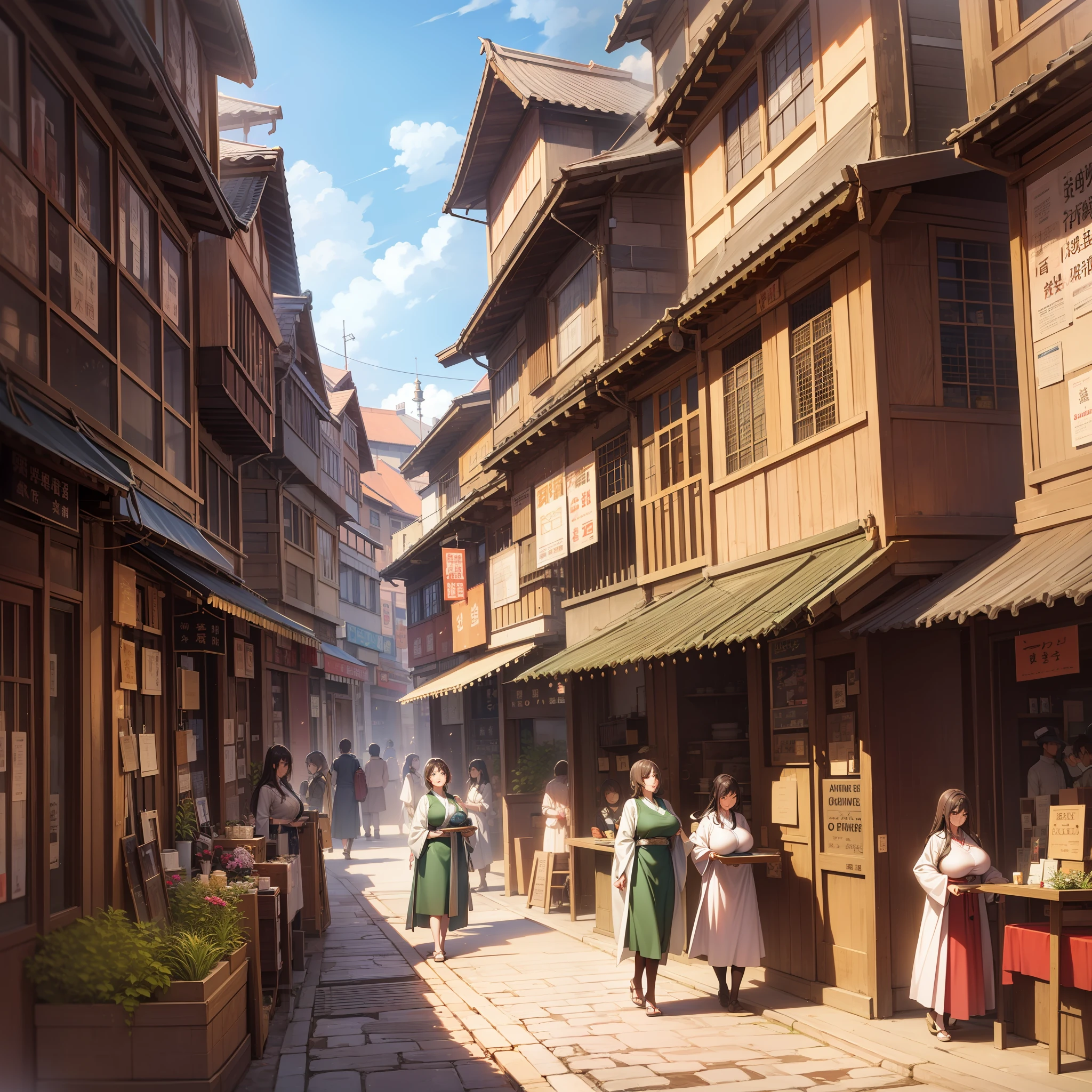 A crowded bazaar,Bustling streets,Ancient wind,Old town,Pedestrians are all dressed in Hanfu,Illustration style,anime big breast,4K,high qulity,A high resolution