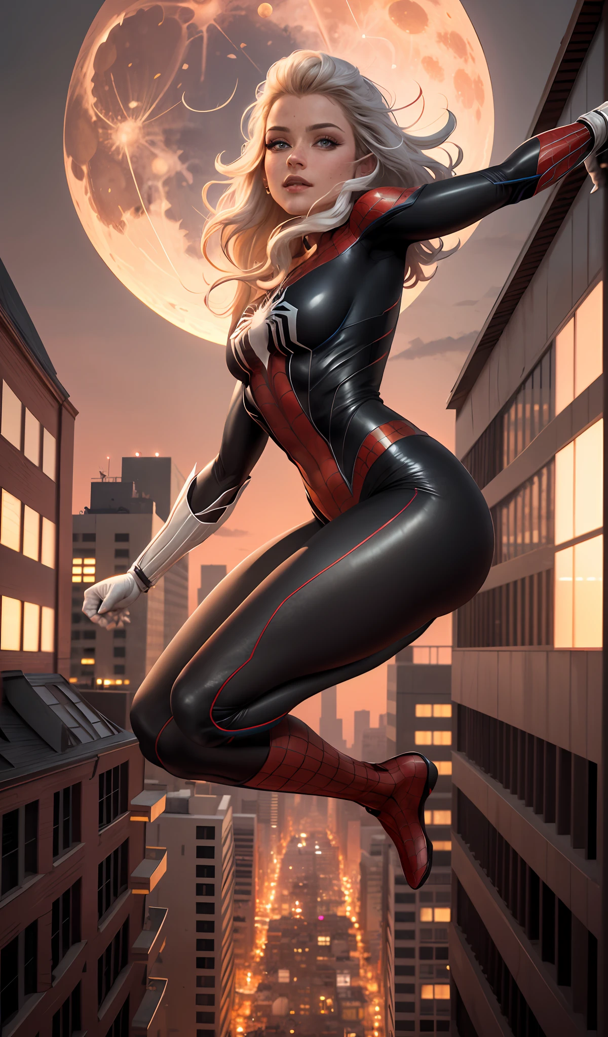 (Masterpiece, 4k resolution, ultra-realistic, very detailed), (White superhero theme, charismatic, there's a girl on top of town, wearing Spider-Man costume, she's a superhero), [ ((25 years), (long white hair:1.2), full body, (blue eyes:1.2), ((Spider-Man pose),show of strength, jumping from one building to another), ((sandy urban environment):0.8)| (cityscape, at night, dynamic lights), (full moon))] # Explanation: The Prompt mainly describes a 4K painting of ultra-high definition, very realistic, very detailed. It shows a superheroine at the top of the city, wearing a Spider-Man costume. The theme in the painting is a white superhero theme, the female protagonist has long white hair, is 25 years old and her entire body is shown in the painting. In terms of portraying the actions of superheroines, spiders are employed