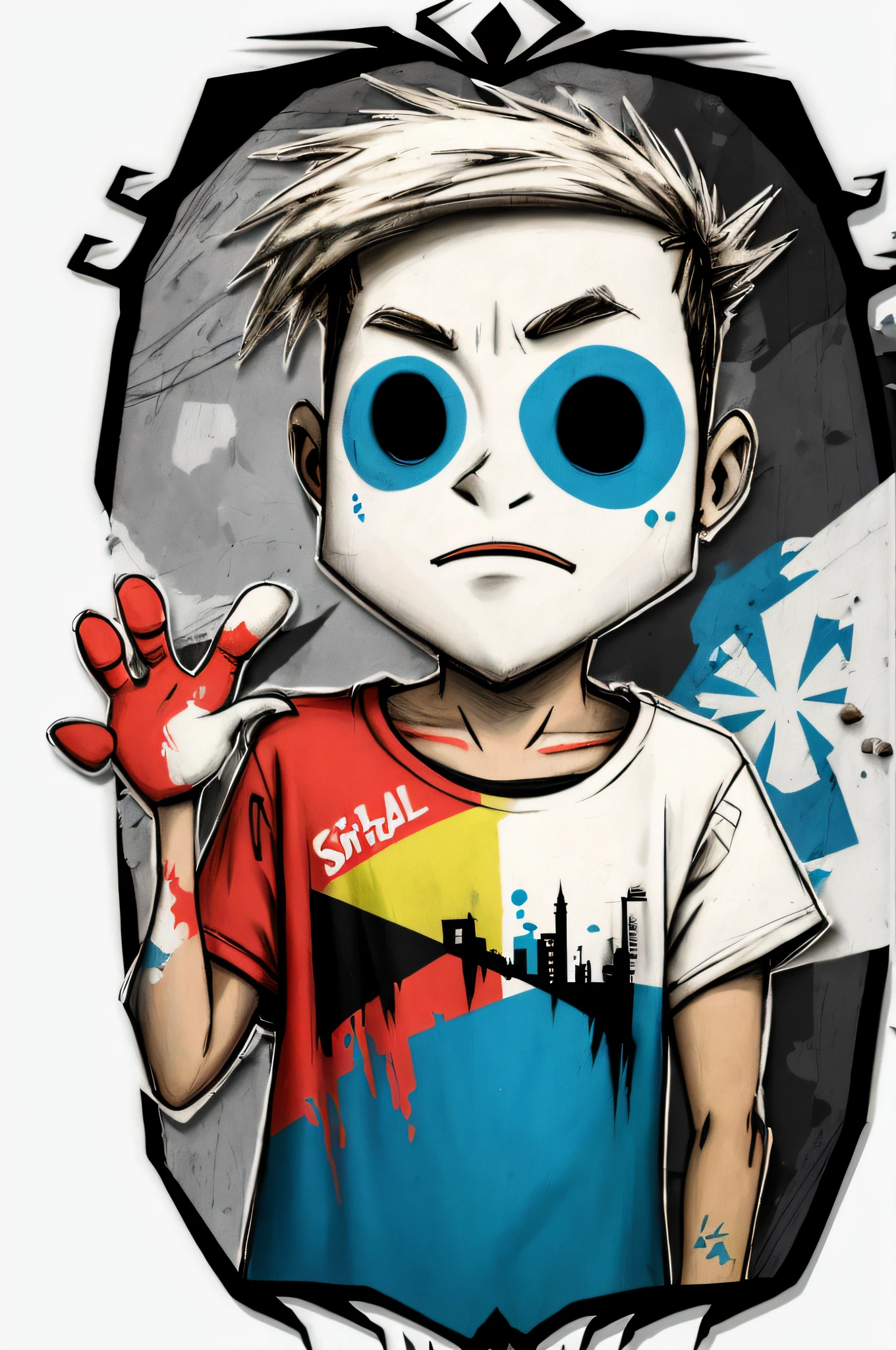 um close up de uma pessoa com o rosto pintado e uma camiseta, Eboy, Capa de arte 2D, 2 D Gorillaz, arte oficial, Arte Gorillaz, centeio. Comic book style, arte em quadrinhos, Gorillaz Fase 1, Fanart oficial Behance HD, arte digital em quadrinhos, arte dos desenhos animados, arte digital dos desenhos animados, polca de lixo